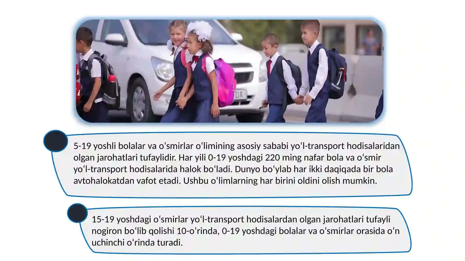 Yo‘l-transport hodisasiga sabab bo‘luvchi omillar. Bolalar bilan bog‘liq yo‘l-transport hodisalarining sabablari. Baxtsiz hodisalarni oldini olish 2