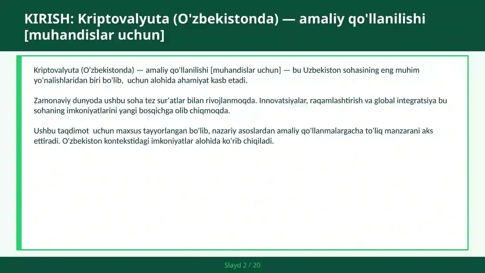 Kriptovalyuta (O'zbekistonda) — amaliy qo'llanilishi [muhandislar uchun] 2