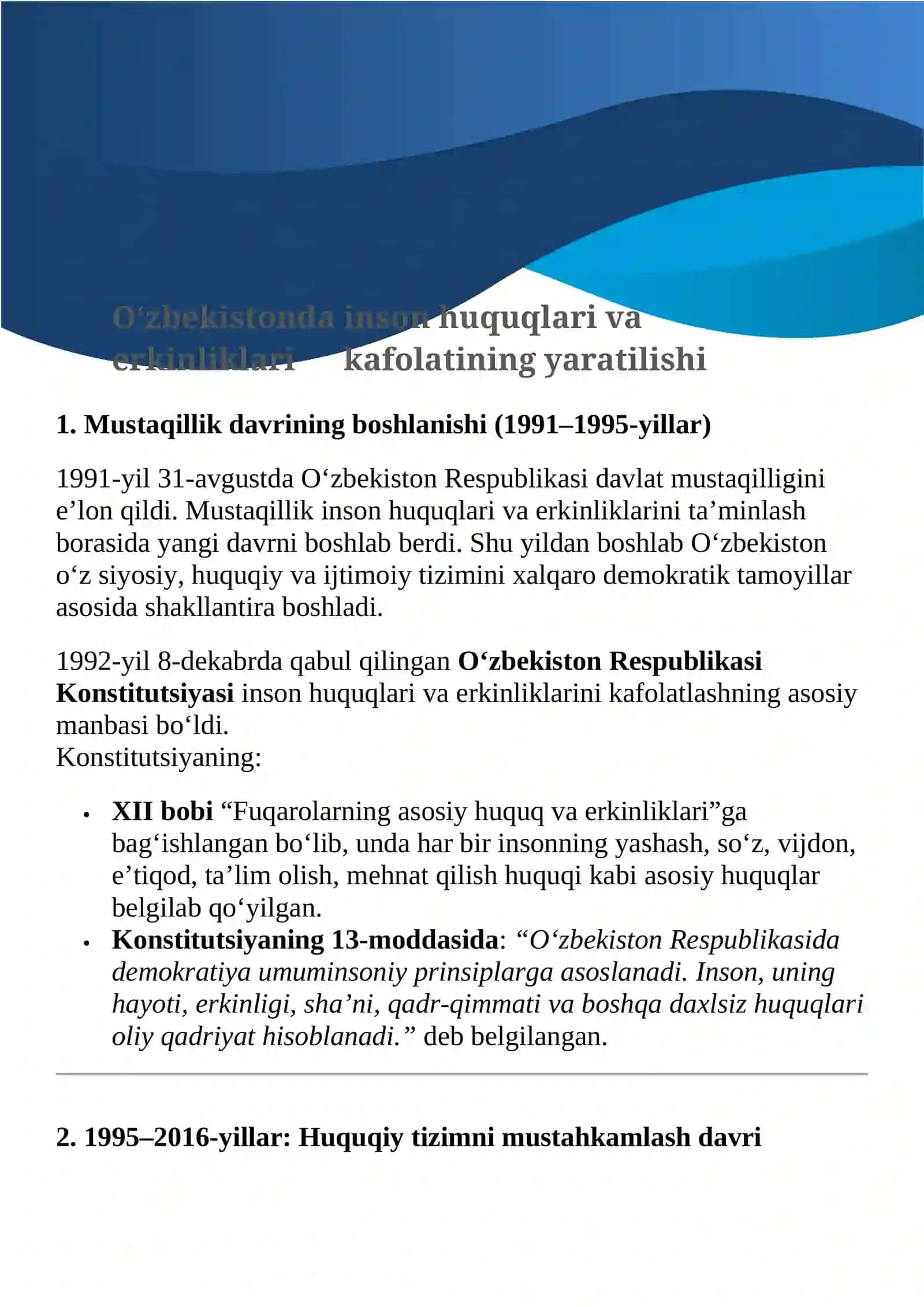 O‘zbekistonda inson huquqlari va erkinliklari kafolatining yaratilishi 2