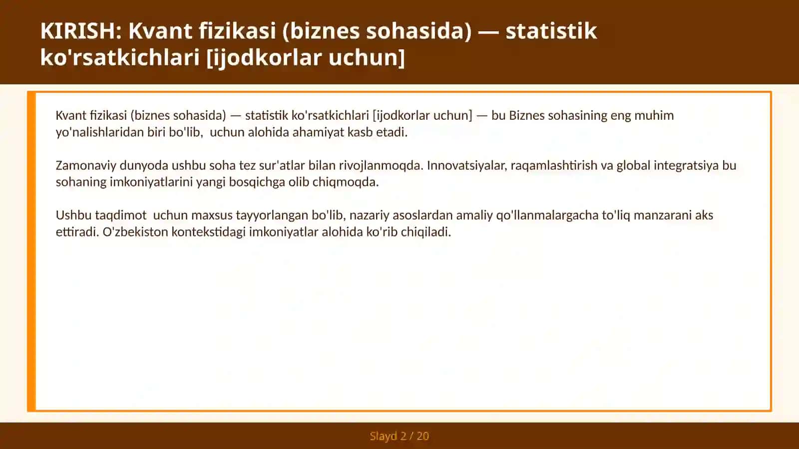 KVANT FIZIKASI (BIZNES SOHASIDA) — STATISTIK KO'RSATKICHLARI [IJODKORLAR UCHUN] 2
