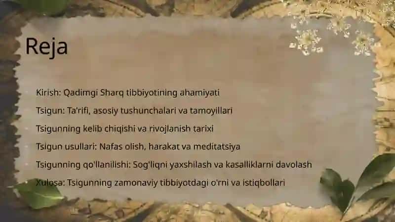 Qadimgi sharq mamlakatlarida davolash usullari. Tsigun usuli. Kelib chiqishi va xozirda qòllanilishi. 2