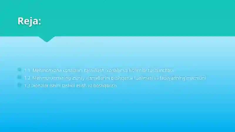 Mehmonxona faoliyatida xonalar bo‘limi va uning tuzilishi 2