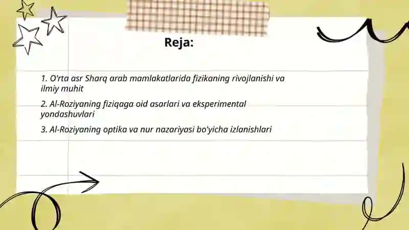O'rta asr Sharq arab mamlakatlarida fizika. Al-Roziya, Mirzo Uluğbek, Al-Xorazmiy, Jayxoniy, Abu-Nasr Farobiy ishlari 2