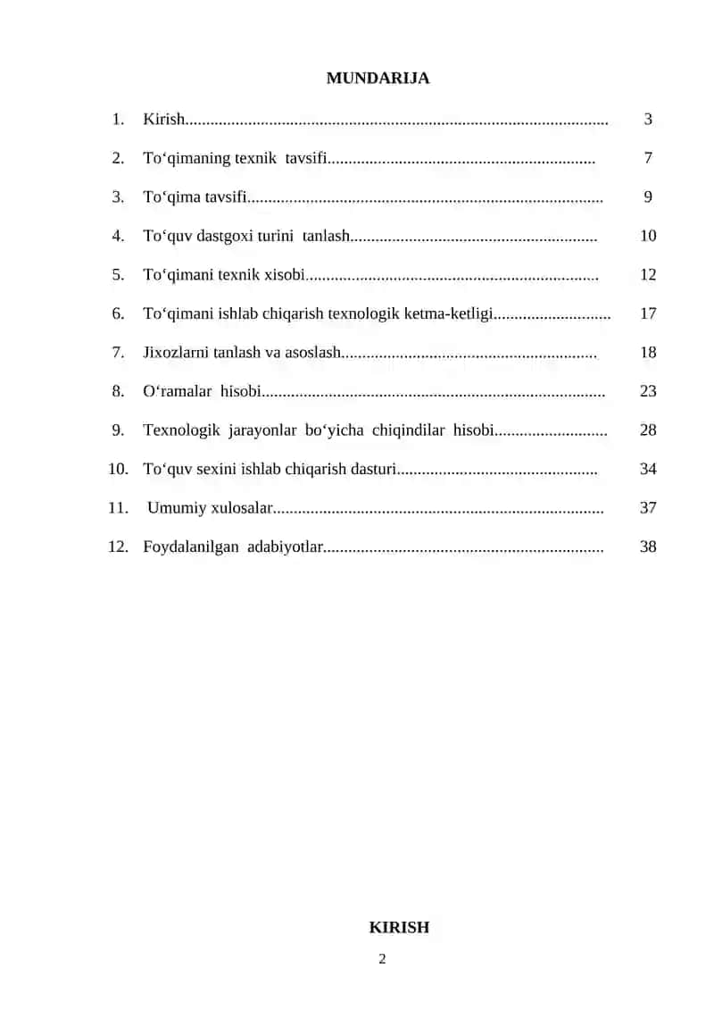 Zig‘ir tolali aralash “Kastyumbop” to‘qimasini ishlab chiqarish uchun zamonaviy texnologik jarayonlarni loyihalash 2
