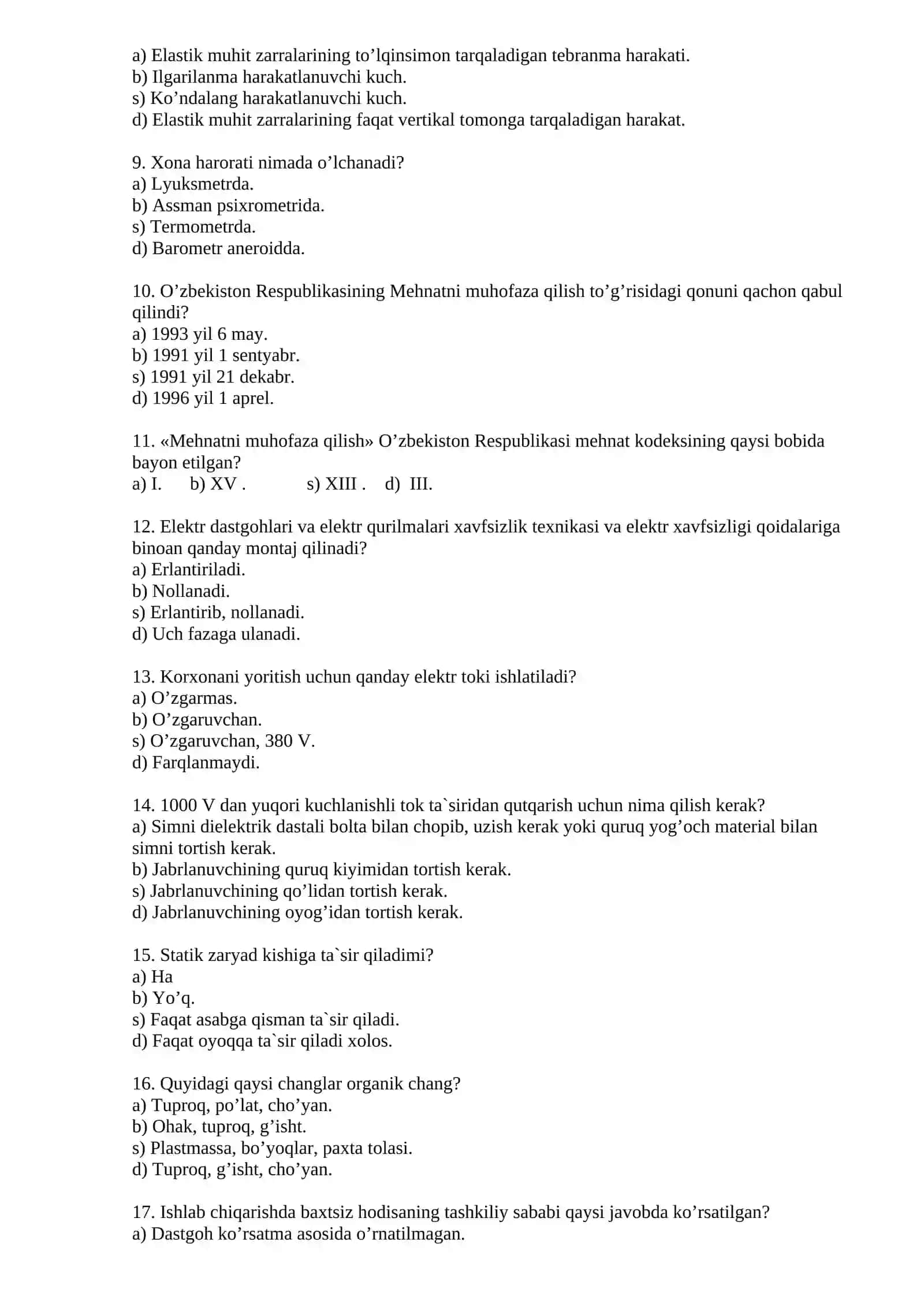 Mehnat muhofazasi va xavfsizlik texnikasi fanidan testlar 2