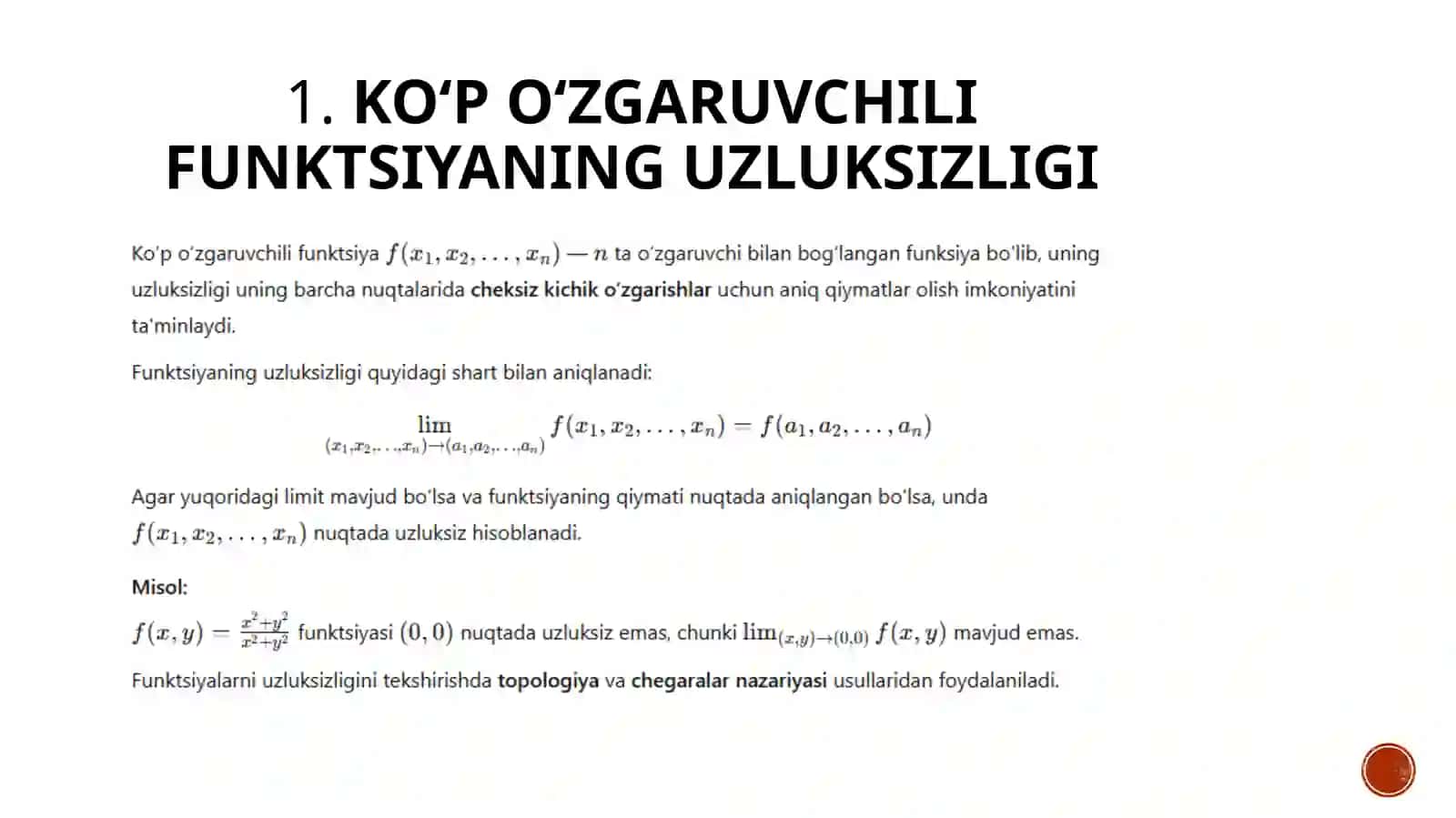 Ko‘p O‘zgaruvchili Funktsiya Uzluksizligi va Differentsiallanuvchiligi 2