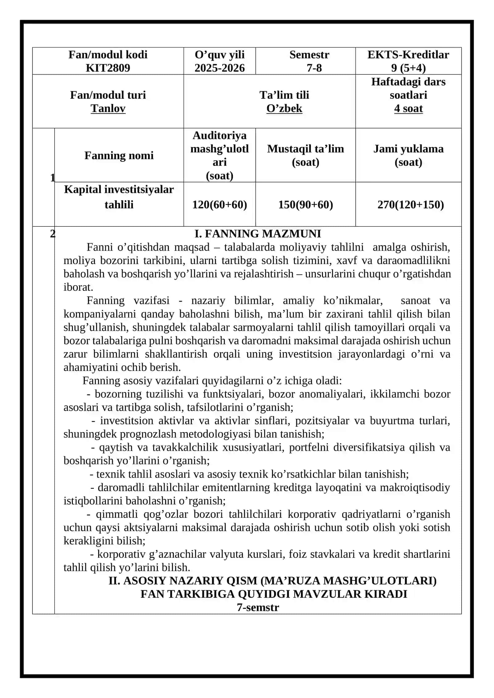Kapital investitsiyalar tahlili 2
