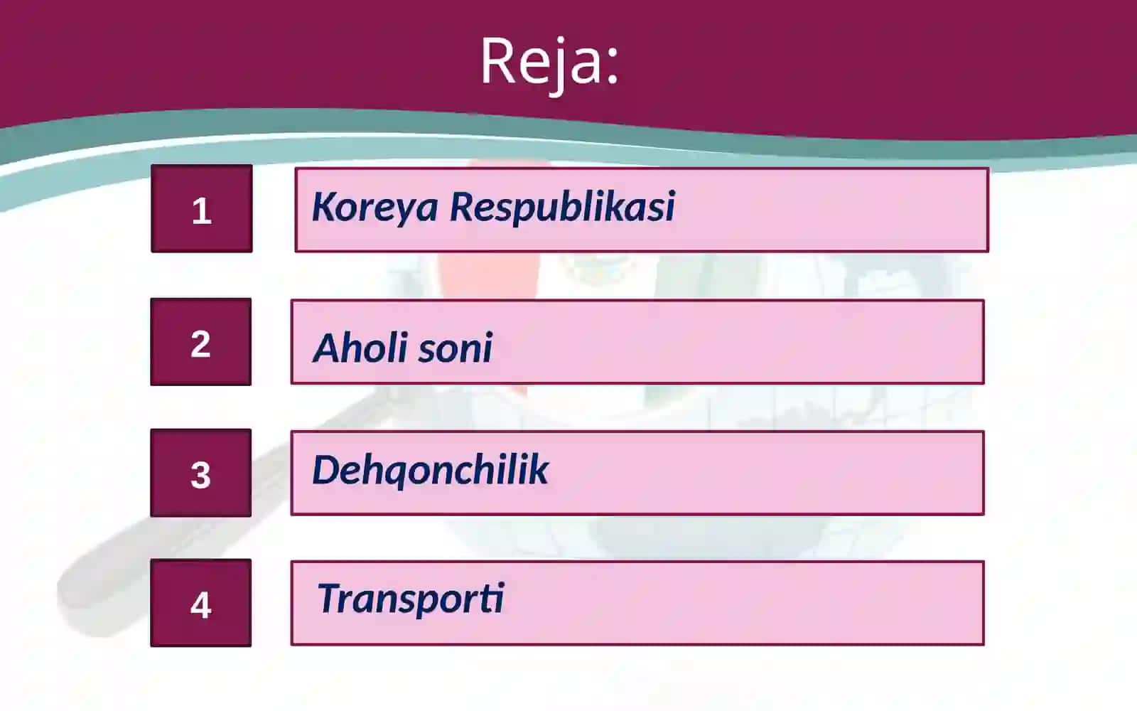 Koreya Respublikasi tabiiy-demografik salohiyati, xo‘jaligi, transporti, tashqi iqtisodiy aloqalari 2
