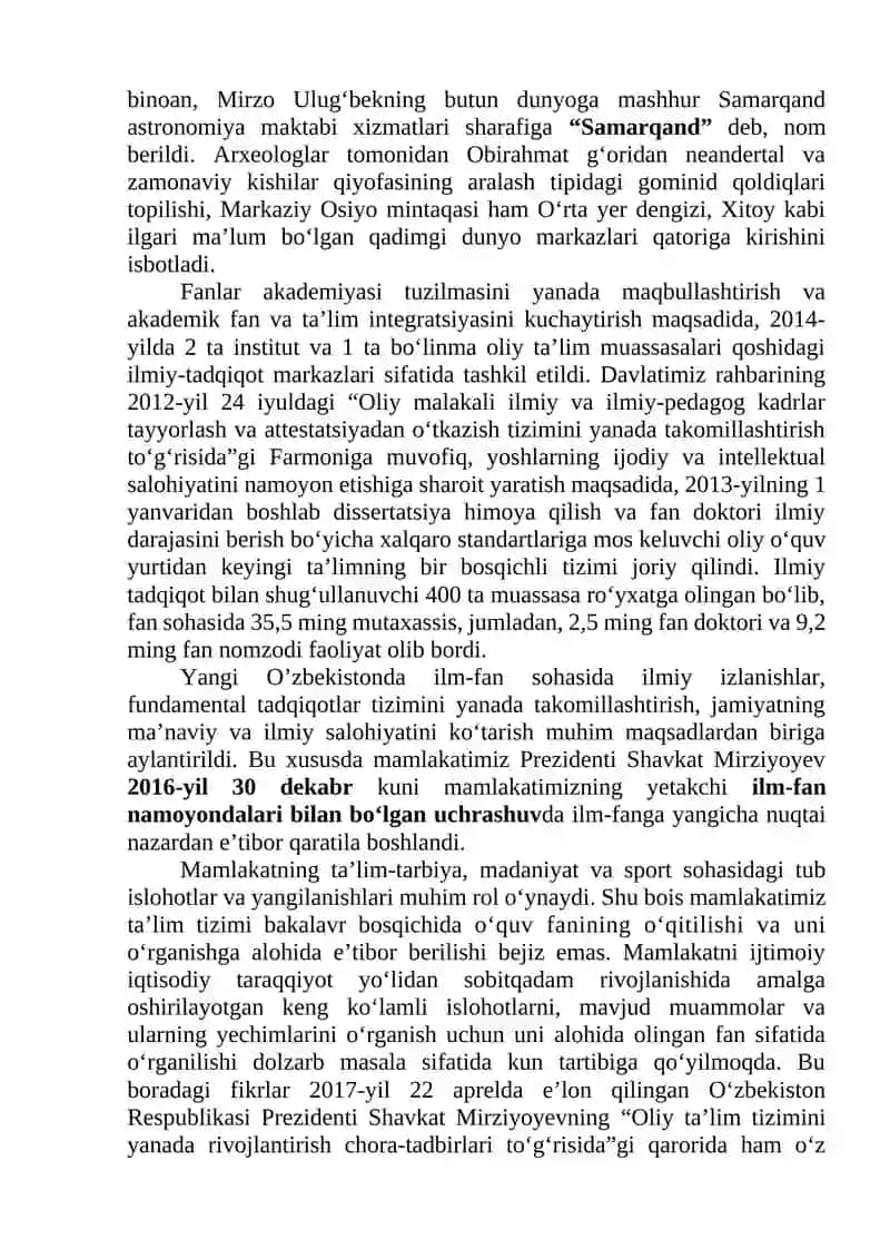 O‘ZBEKISTON RESPUBLIKASIDA ILM-FAN VA TA’LIM SOHASIDA AMALGA OSHIRILGAN ISLOHOTLAR 2