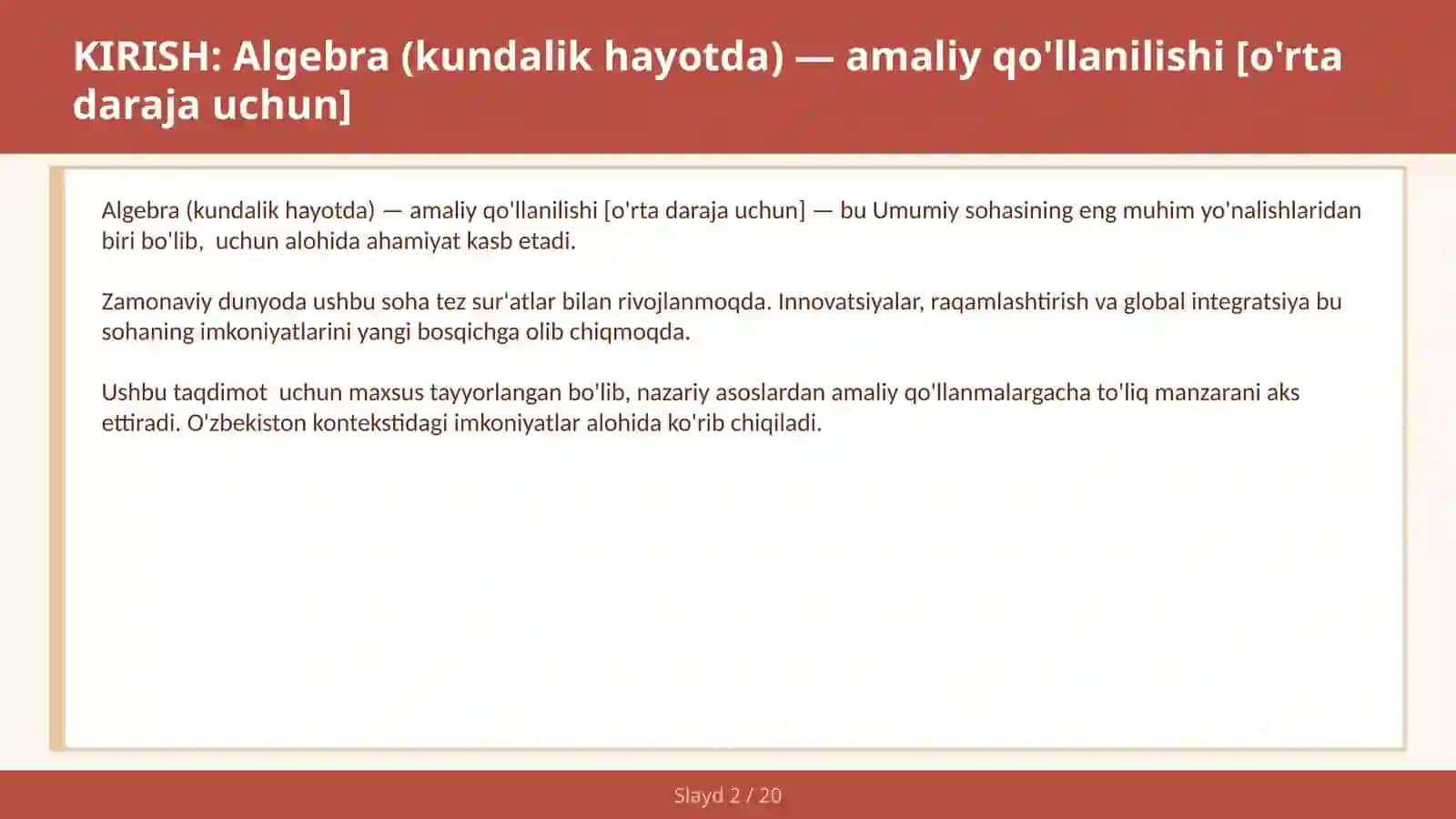 Algebra (kundalik hayotda) — amaliy qo'llanilishi [o'rta daraja uchun] 2