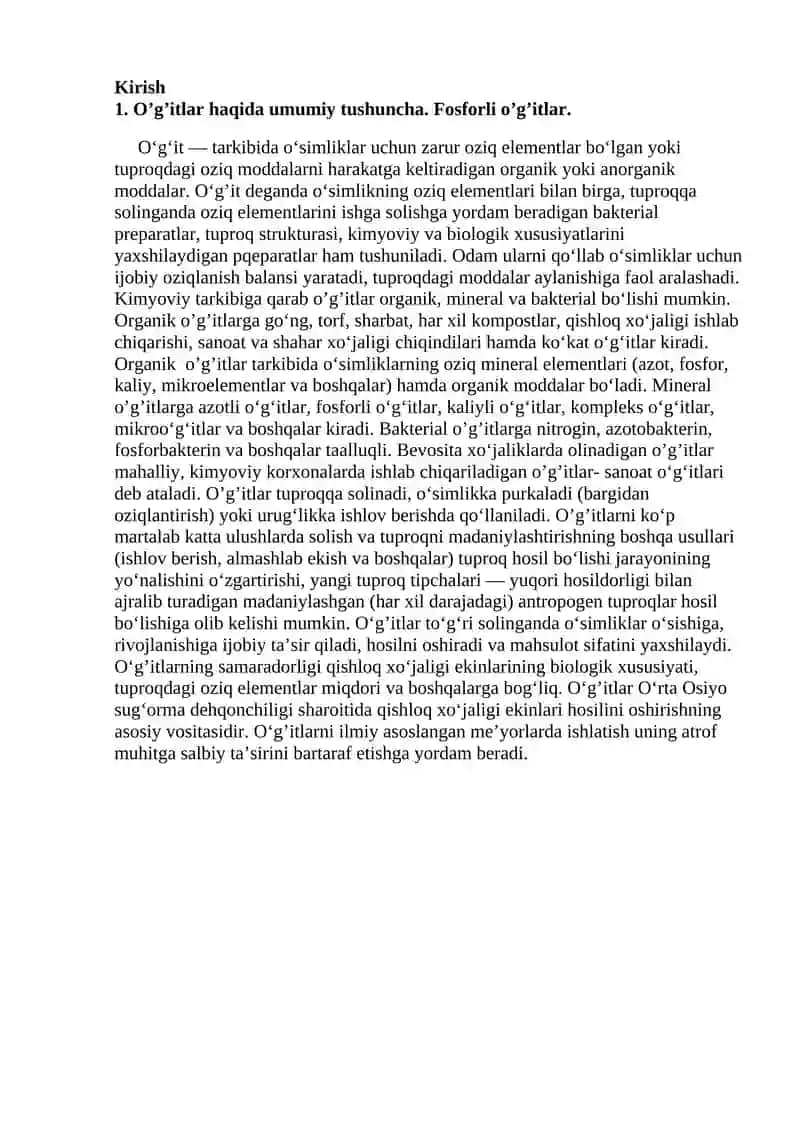 Fosforning o’simliklar hayotidagi ahamiyati, tuproqdagi shakllari va ularning o’simliklar tomonidan o’zlashtirilishi. 2