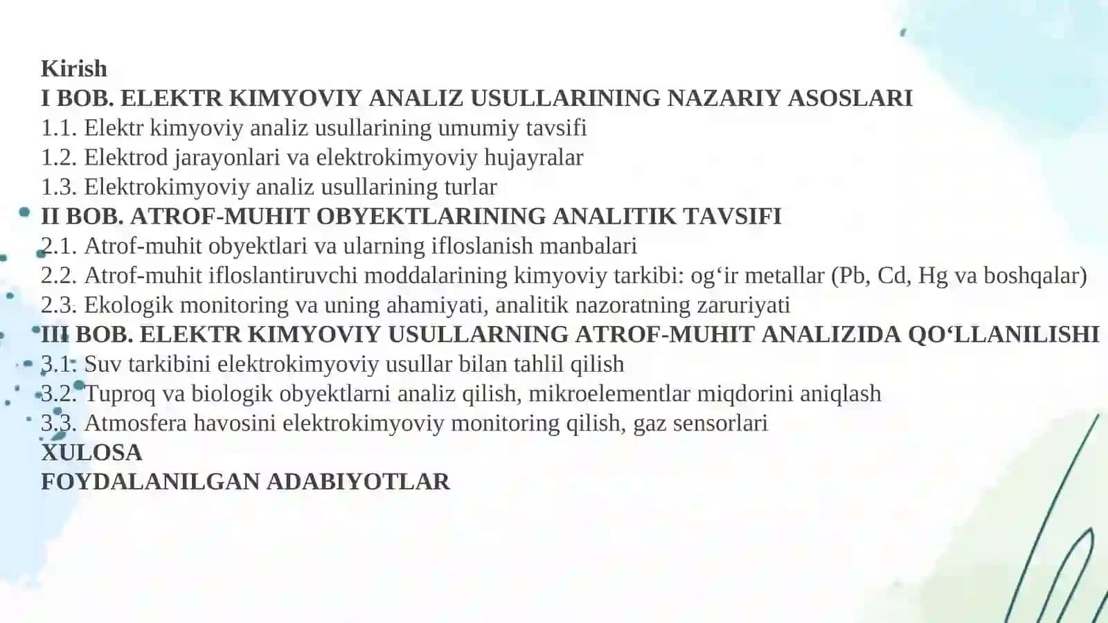 Elektr kimyoviy analiz usullarining atrof-muhit obyektlari analizida qoʻllanilishi 2
