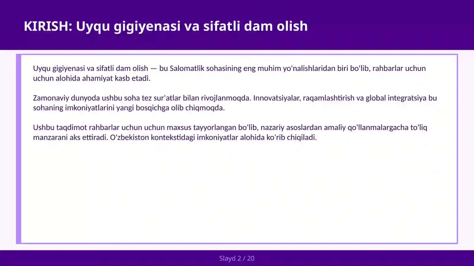 UYQU GIGIYENASI VA SIFATLI DAM OLISH 2