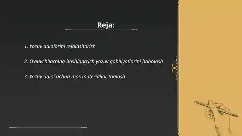 Savod oʻrgatishning asosiy davri yozuv darsi uchun metodik tavsiyalar ishlab chiqish 2