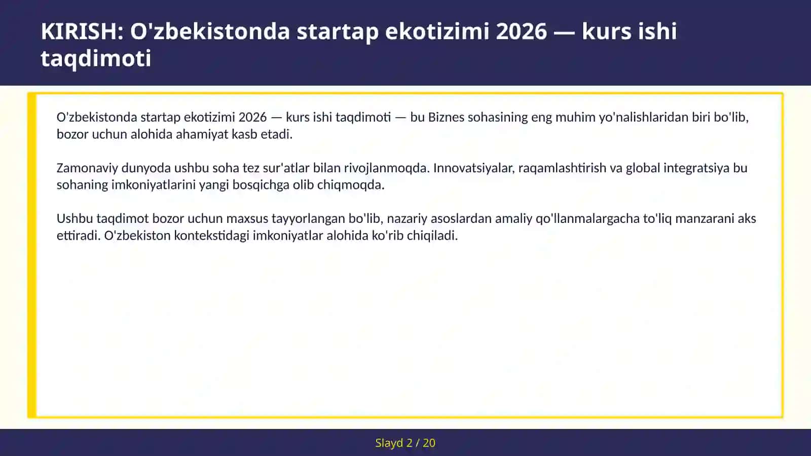 O'zbekistonda startap ekotizimi 2026 — kurs ishi taqdimoti 2