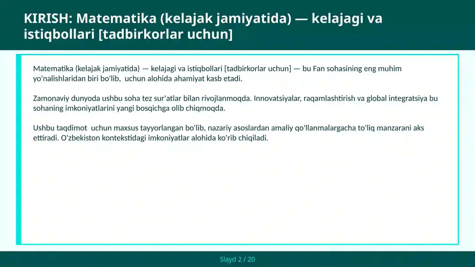 MATEMATIKA (KELAJAK JAMIYATIDA) — KELAJAGI VA ISTIQBOLLARI [TADBIRKORLAR UCHUN] 2