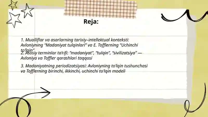 Avloniyning Madaniyat tulqinlari maqolasi va E Tofferning uchinchi tulqin asarini qiyosiy tahlil etish prezantatsiya 2