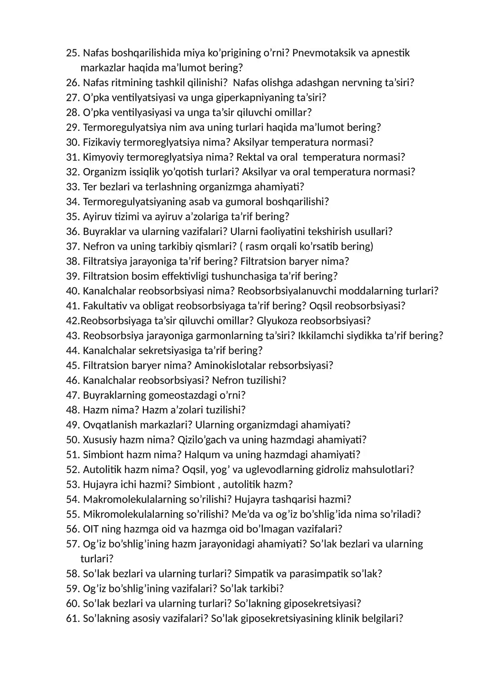 NORMAL FIZIOLOGIYA FANIDAN II KURS “DAVOLASH” YO’NALISHI UCHUN ORALIQ NAZORAT SAVOLLARI 2