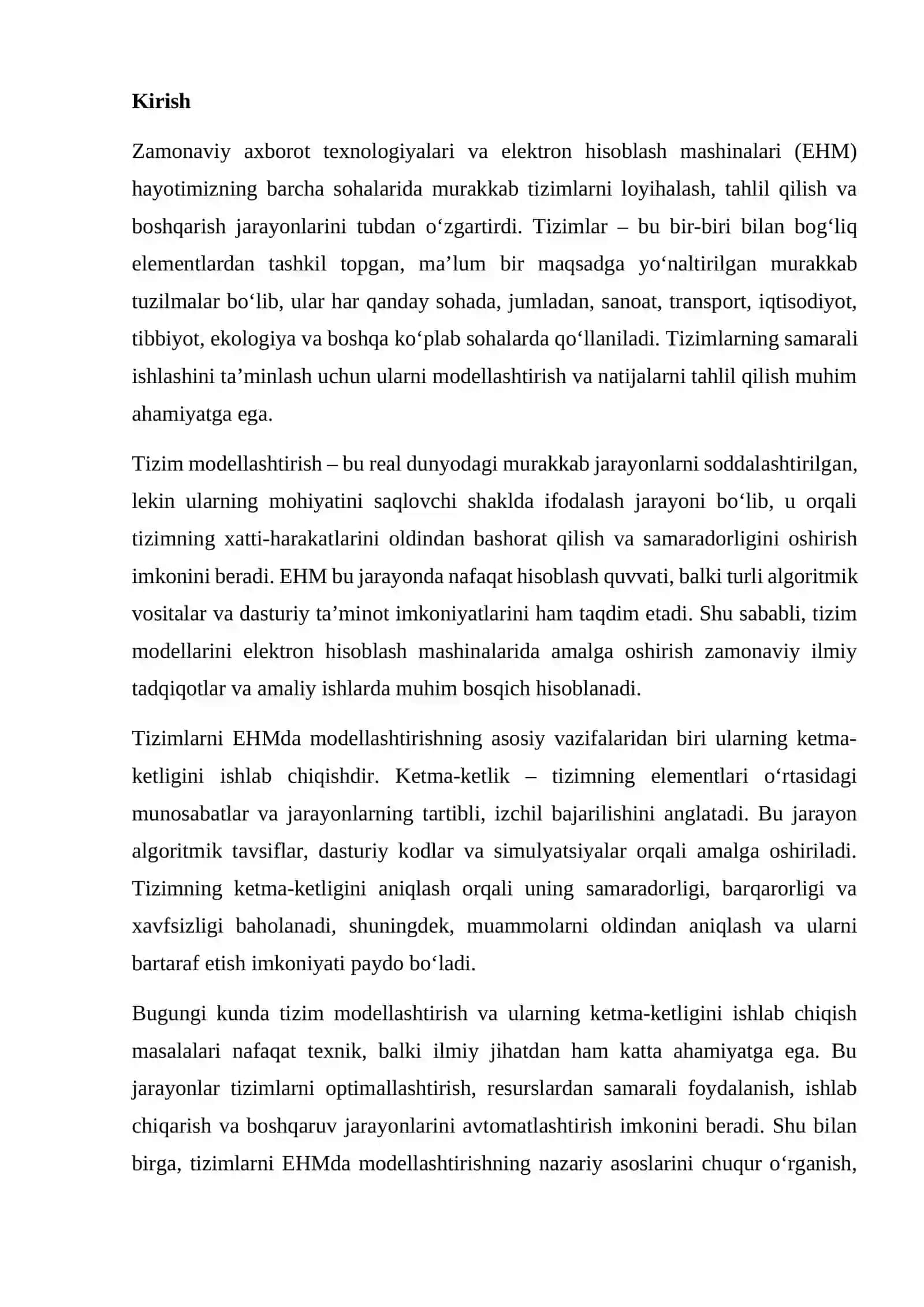 Tizimlarning modellarini EHMda amalga oshirish va ularning ketme ketligini ishlab chiqish 2