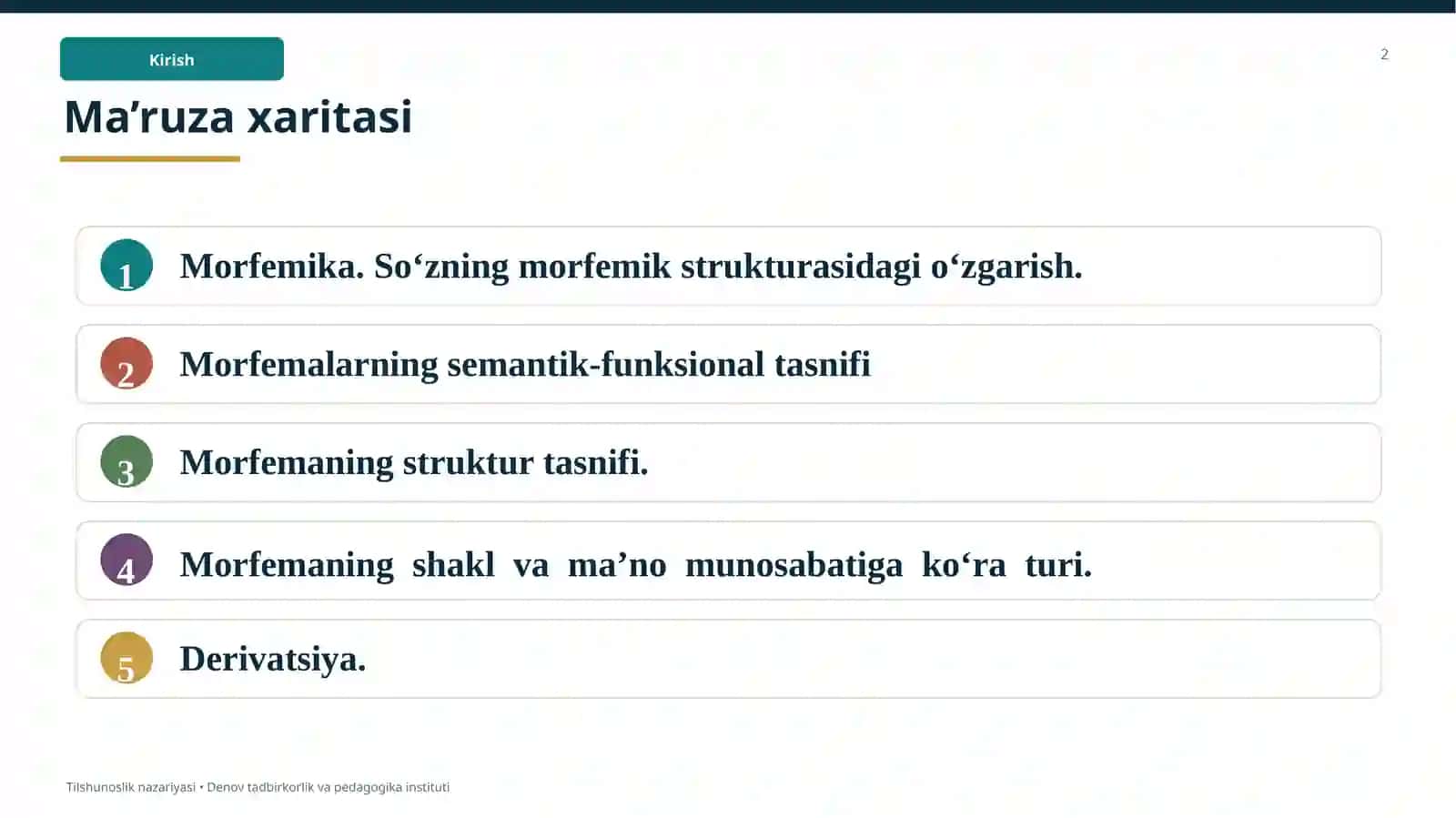 Morfema morfemika birligi sifatida. O‘zbek tili derivatsiyasi va so‘z yasalishi. 2