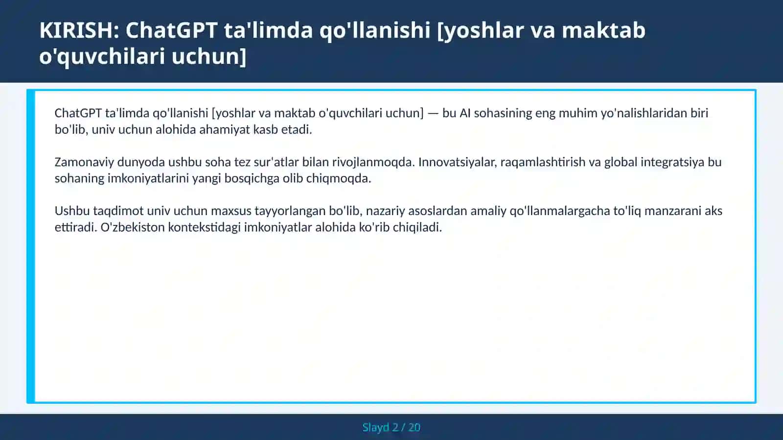 ChatGPT ta'limda qo'llanishi [YOSHLAR VA MAKTAB O'QUVCHILARI UCHUN] 2