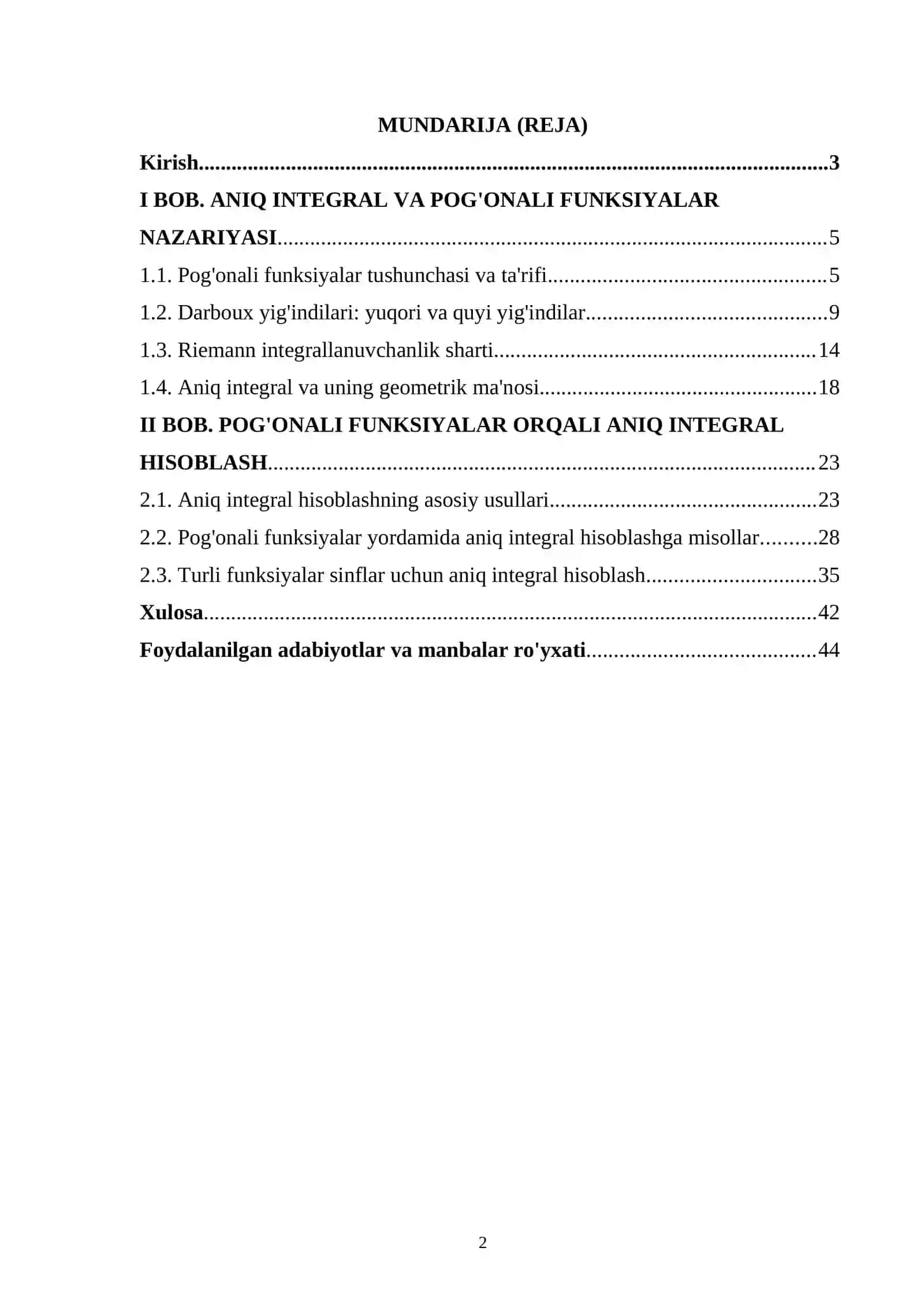 ANIQ INTEGRALNI POG'ONALI FUNKSIYALAR YORDAMIDA ANIQLASH MAVZUSIDAGI KURS ISHI 2