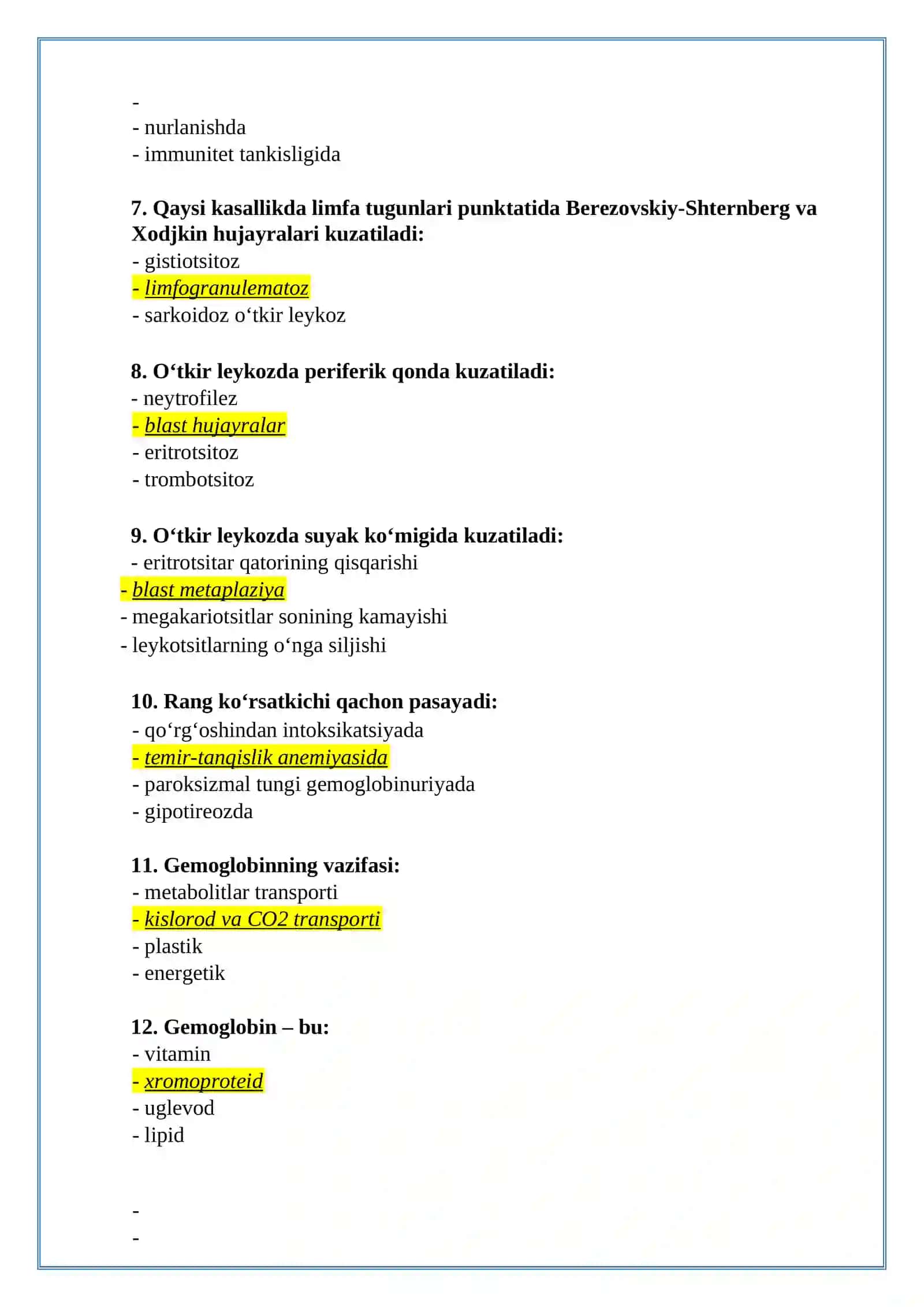 Klinik laboratoriya diagnostikasi test savollari ro’yxati (2026-yil) 2