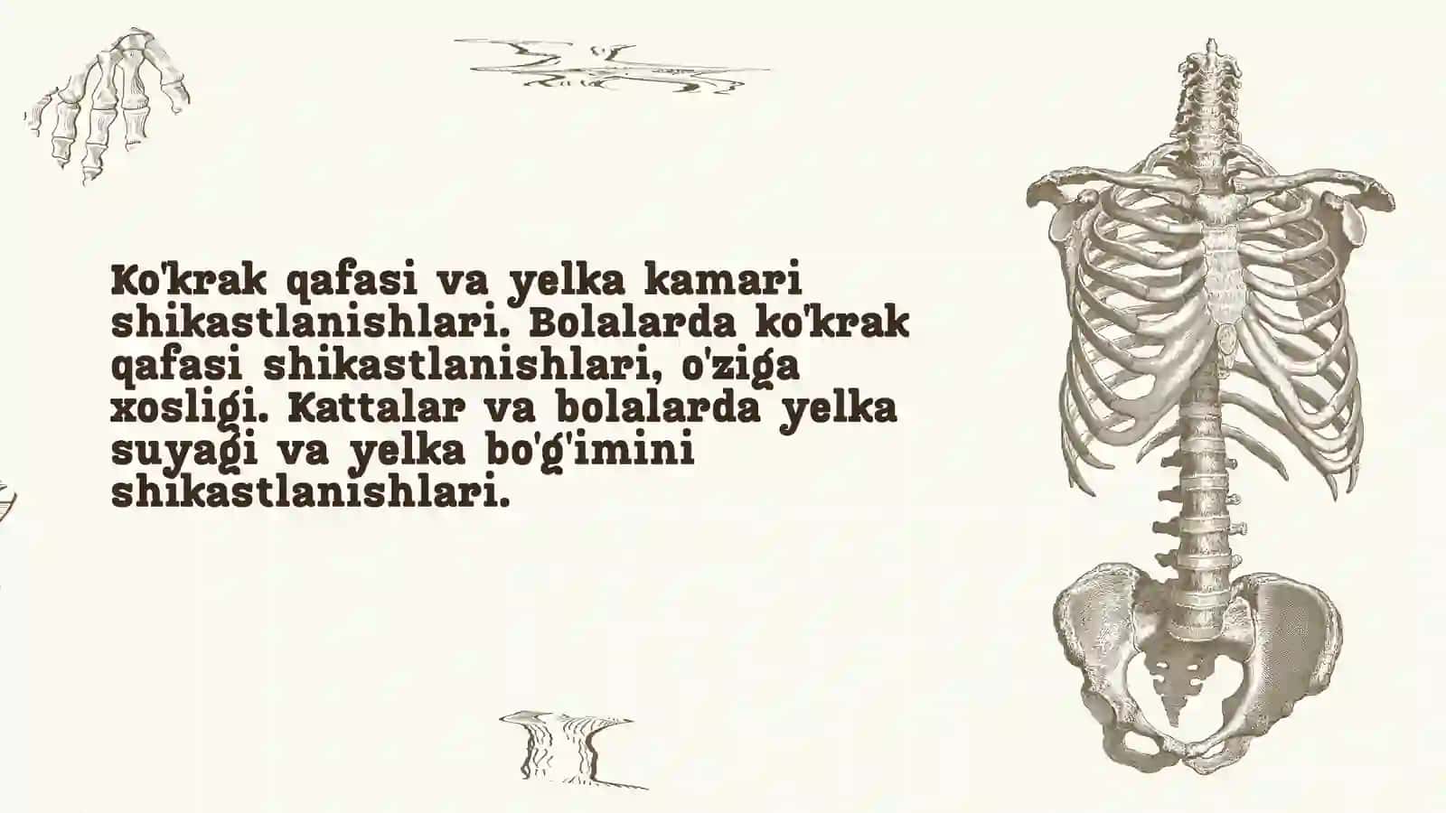 Ko'krak qafasi va yelka kamari shikastlanishlari. Bolalarda ko'krak qafasi shikastlanishlari, o'ziga xosligi. Kattalar va bolalarda yelka suyagi va yelka bo'g'imini shikastlanishlari. 2