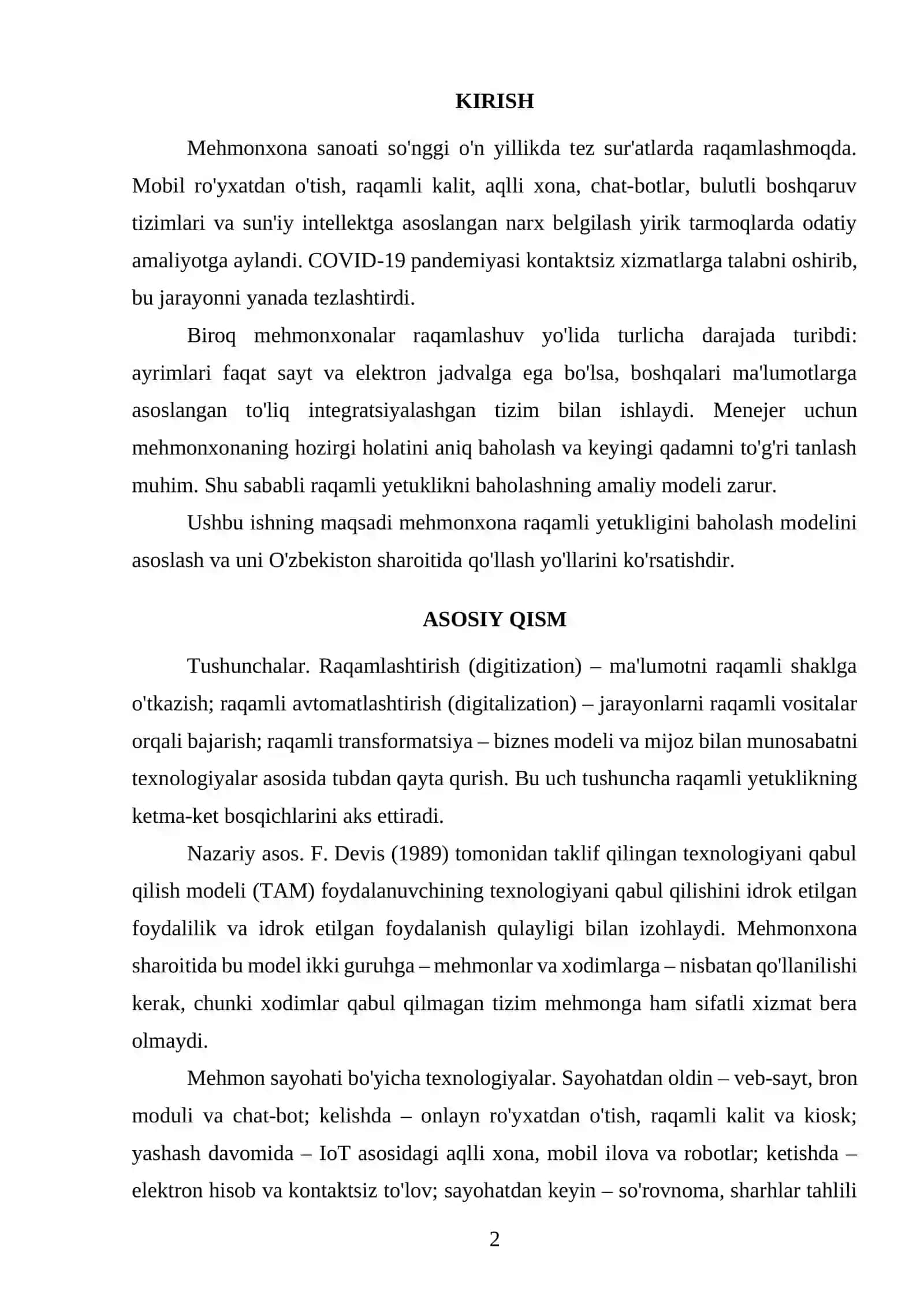 Mehmonxonalarda Raqamli Transformatsiyaning Yetuklik Darajasini Baholash Modeli 2