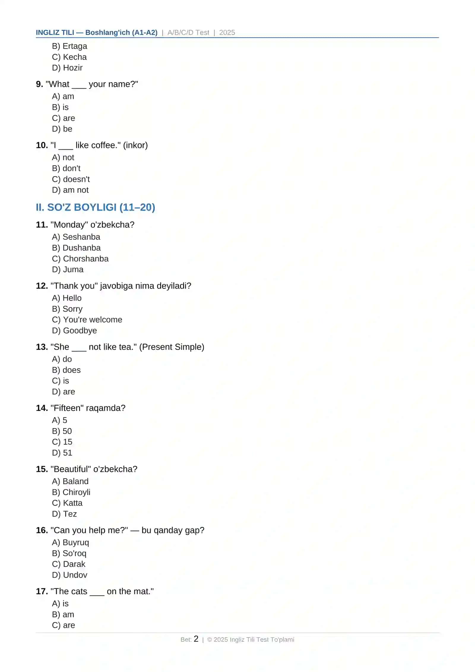 Ingliz Tili Test | Boshlang'ich daraja A1/A2 | 30 ta A/B/C/D savol | Javoblar kaliti bilan 2