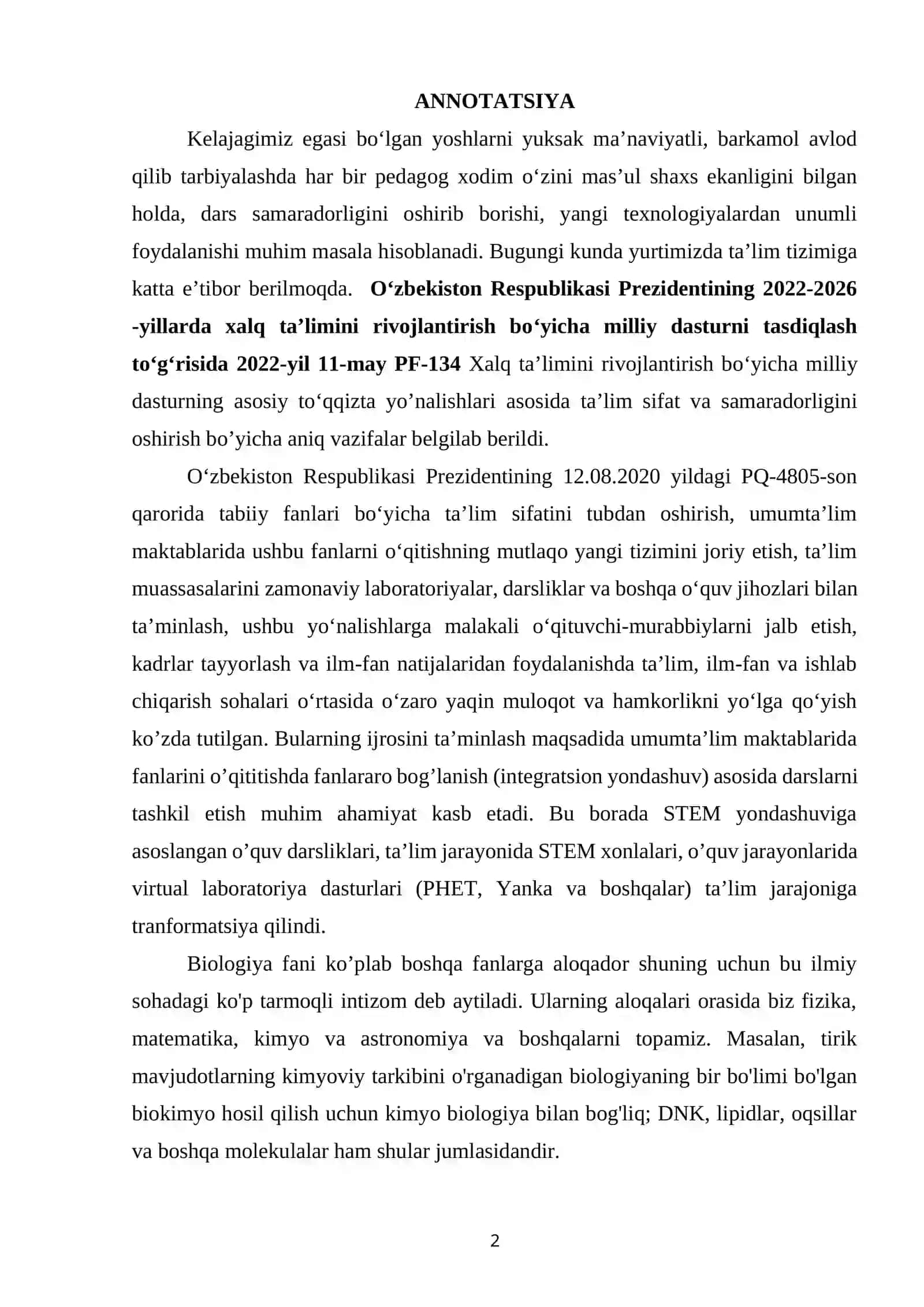 “BIOLOGIYA FANINI O’QITISHDA FANLARARO INTEGRATSIYANI TA’MINLASHDA ZAMONAVIY YONDASHUVLAR”  MAVZUSIDA BITIRUV ISHI 2