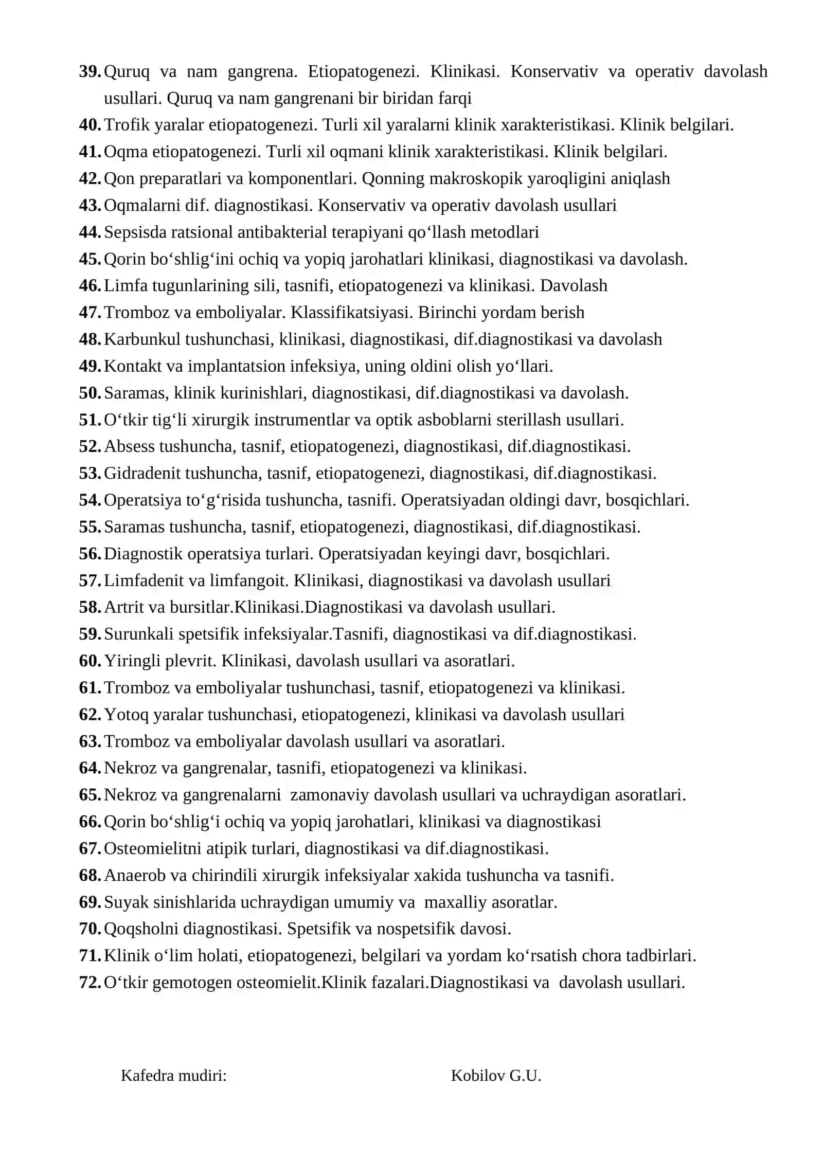 Umumiy xirurgiya fanidan 2025-2026 yil uchun yakuniy imtihon savollari 2