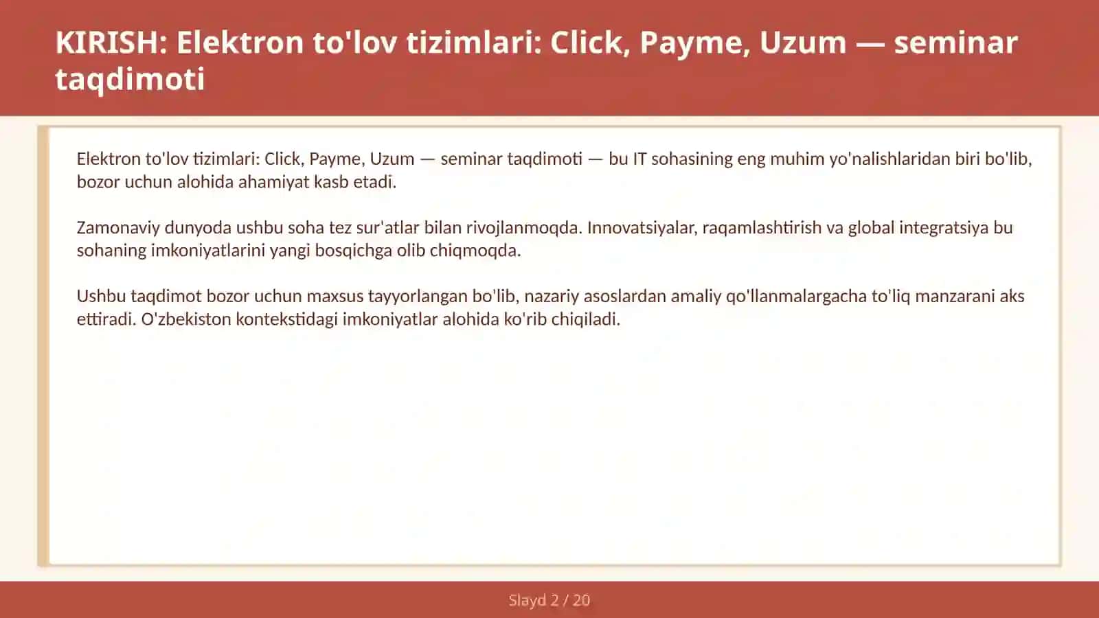 Elektron to'lov tizimlari: Click, Payme, Uzum — seminar taqdimoti 2