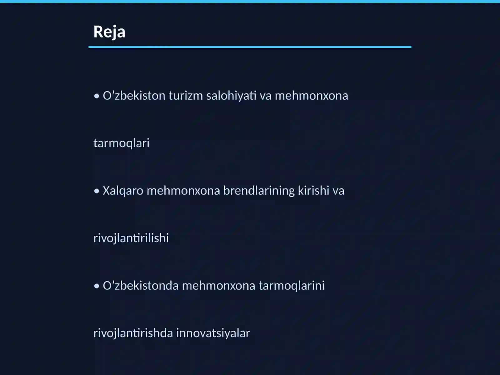 O’zbekistonda xalqaro darajadagi mehmonxona tarmoqlarini rivojlantirish istiqbollari 2