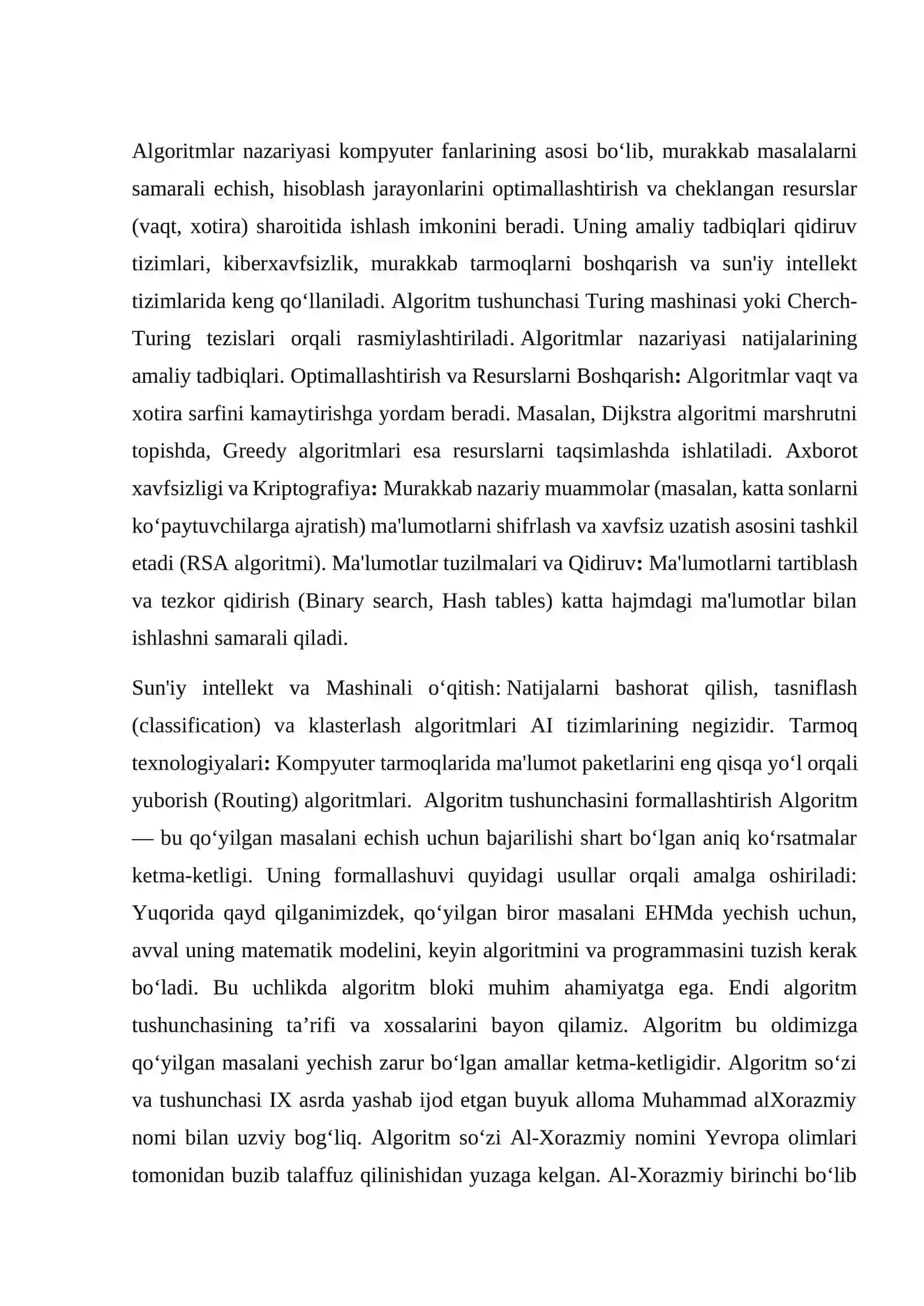 Algoritmlar nazaryasi natijalarining amaliy tadbiqlari. Algoritm tushunchasini formallashtirish. 2