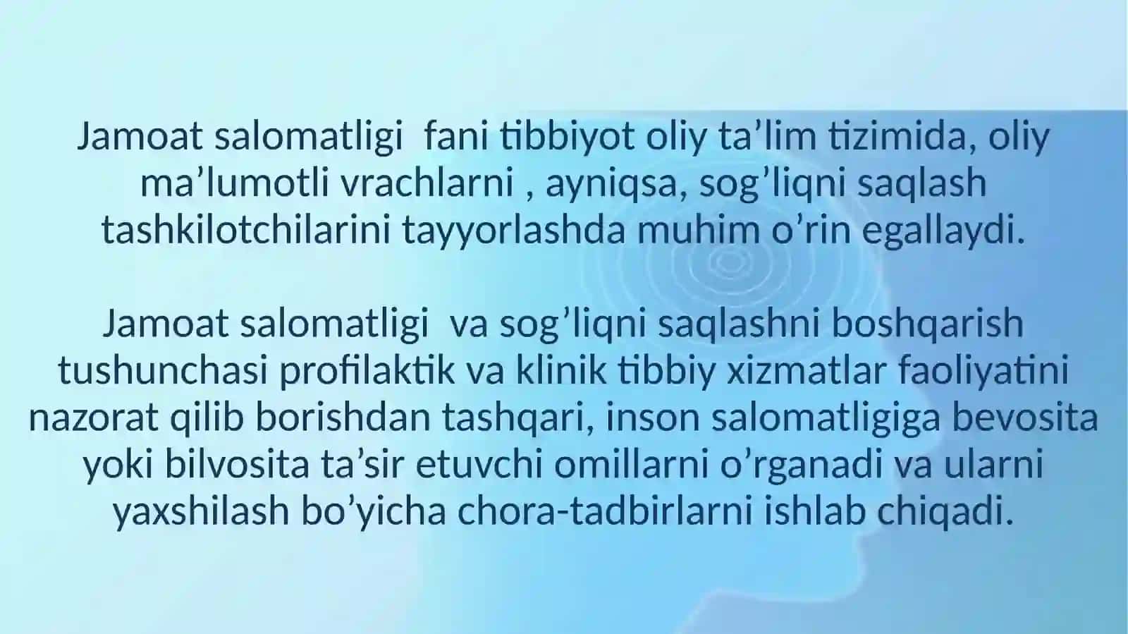 Jamoatsalomatligi va sog’liqni saqlashni tashkil etish 2