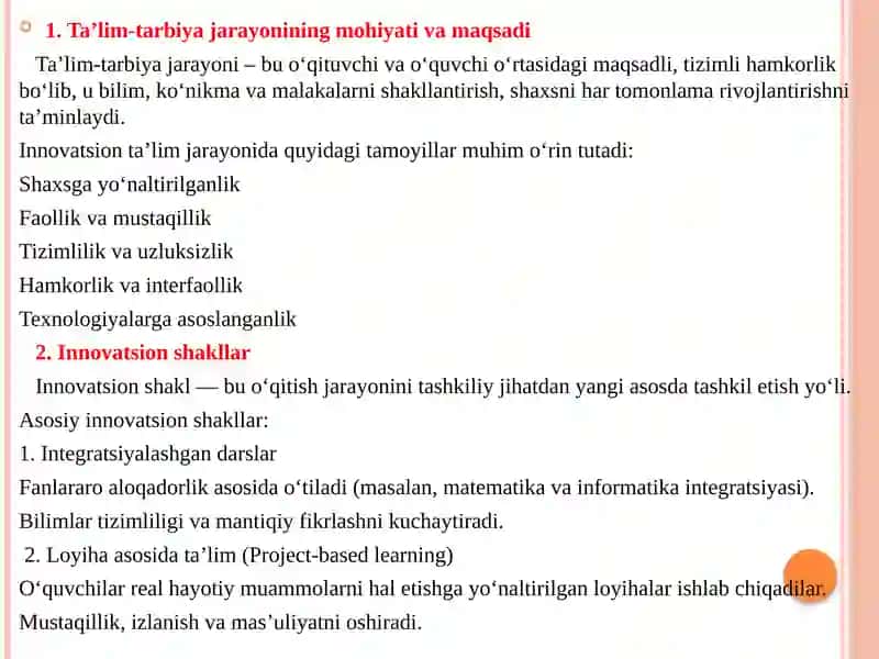 Ta’lim-tarbiya jarayonini tashkil etishning innovatsion shakl, metod va vositalari 2