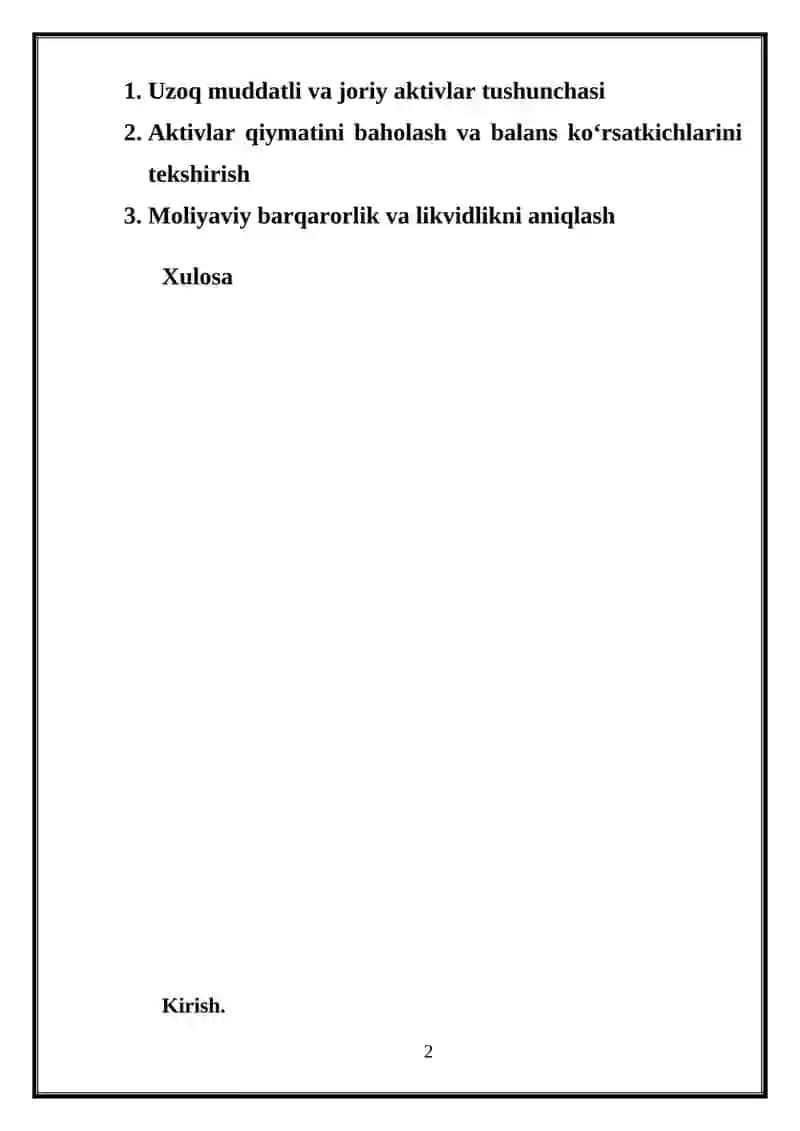 Buxgalteriya balansining uzoq muddatli va joriy aktivlar bo‘yicha ko‘rsatkichlari ishonchliligini o‘rganish 2