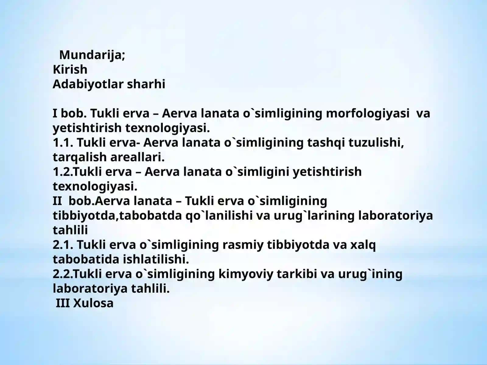 BIOINJENERIYA VA OZIQ-OVQAT XAVFSIZLIGI FAKULTETI DORIVOR O’SIMLIKLARNI YETISHTIRISH VA QAYTA ISHLASH TEXNOLOGIYASI YO’NALISHI 191-GURUH TALABA 2