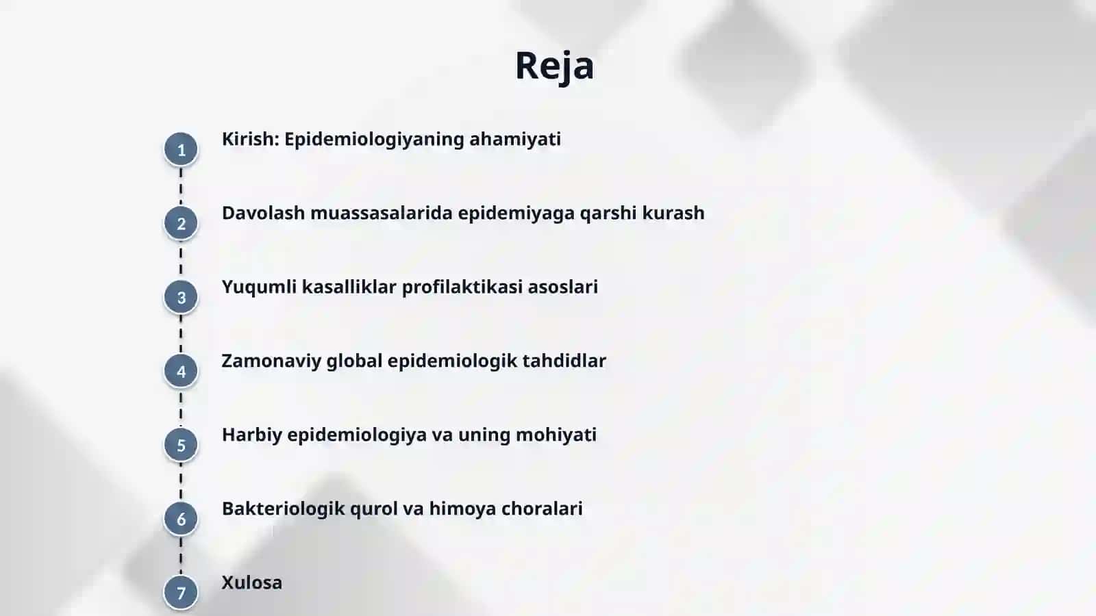 “Yuqumli kasalliklarning profilaktikasi: epidemiyaga qarshi tadbirlar, dezinfeksiya va zamonaviy epidemiologik xususiyatlar” 2