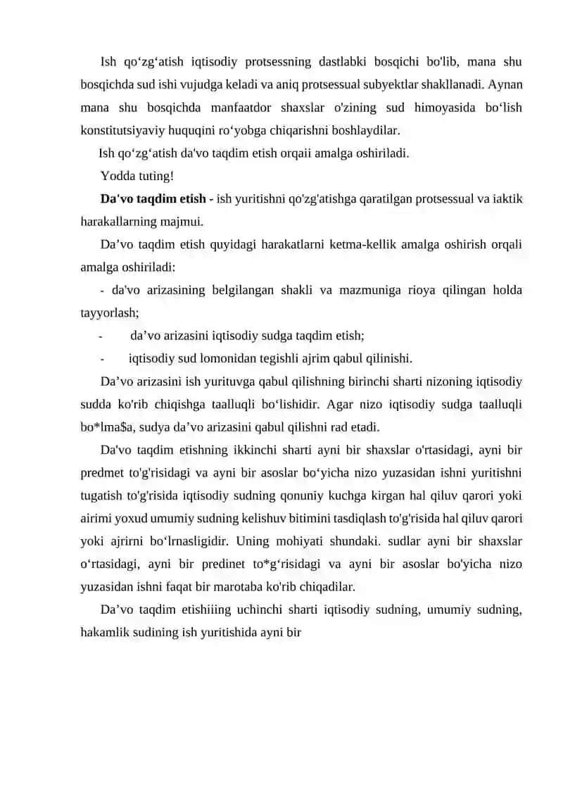 IQTISODIY ISHNI QO‘ZG’ATISH, TAYYORLASH VA SUDDA MUHOKAMA QILISH. BTRTNCHI INSTANSIYA SUDINING QARORLARI 2