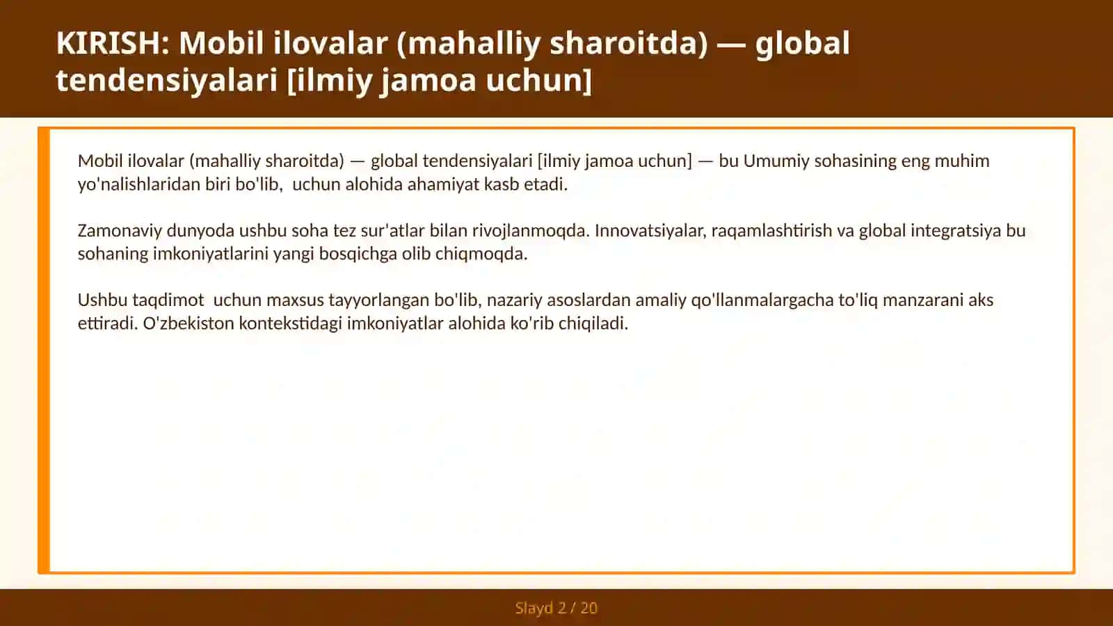 MOBIL ILOVALAR (MAHALLIY SHAROITDA) — GLOBAL TENDENSIYALARI [ILMIY JAMOA UCHUN] 2