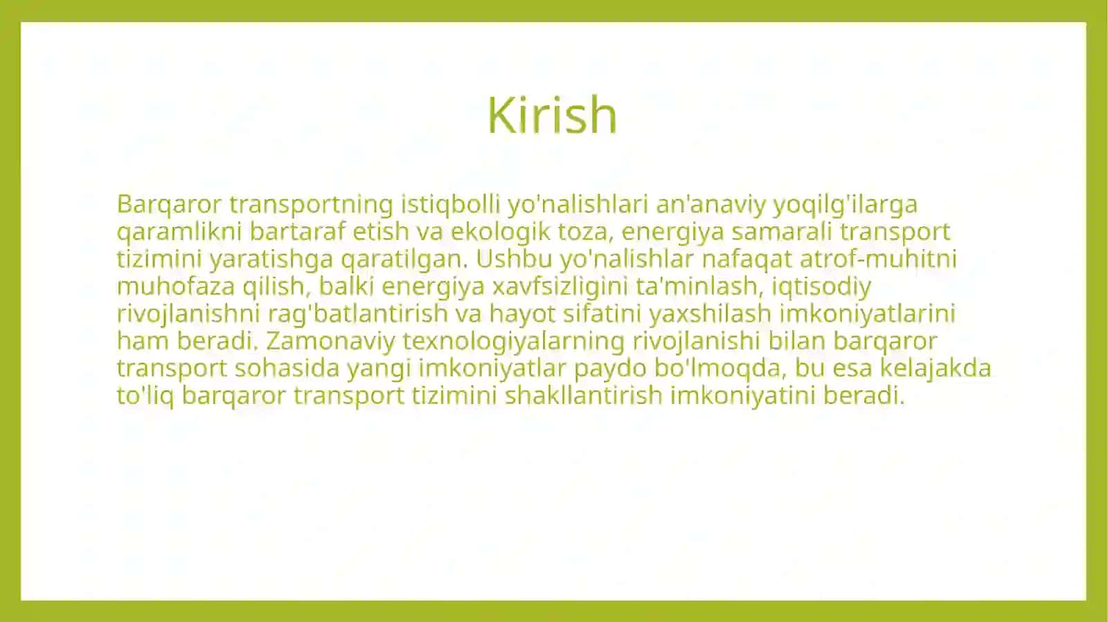 Barqaror transportning istiqbolli yo‘nalishlari 2