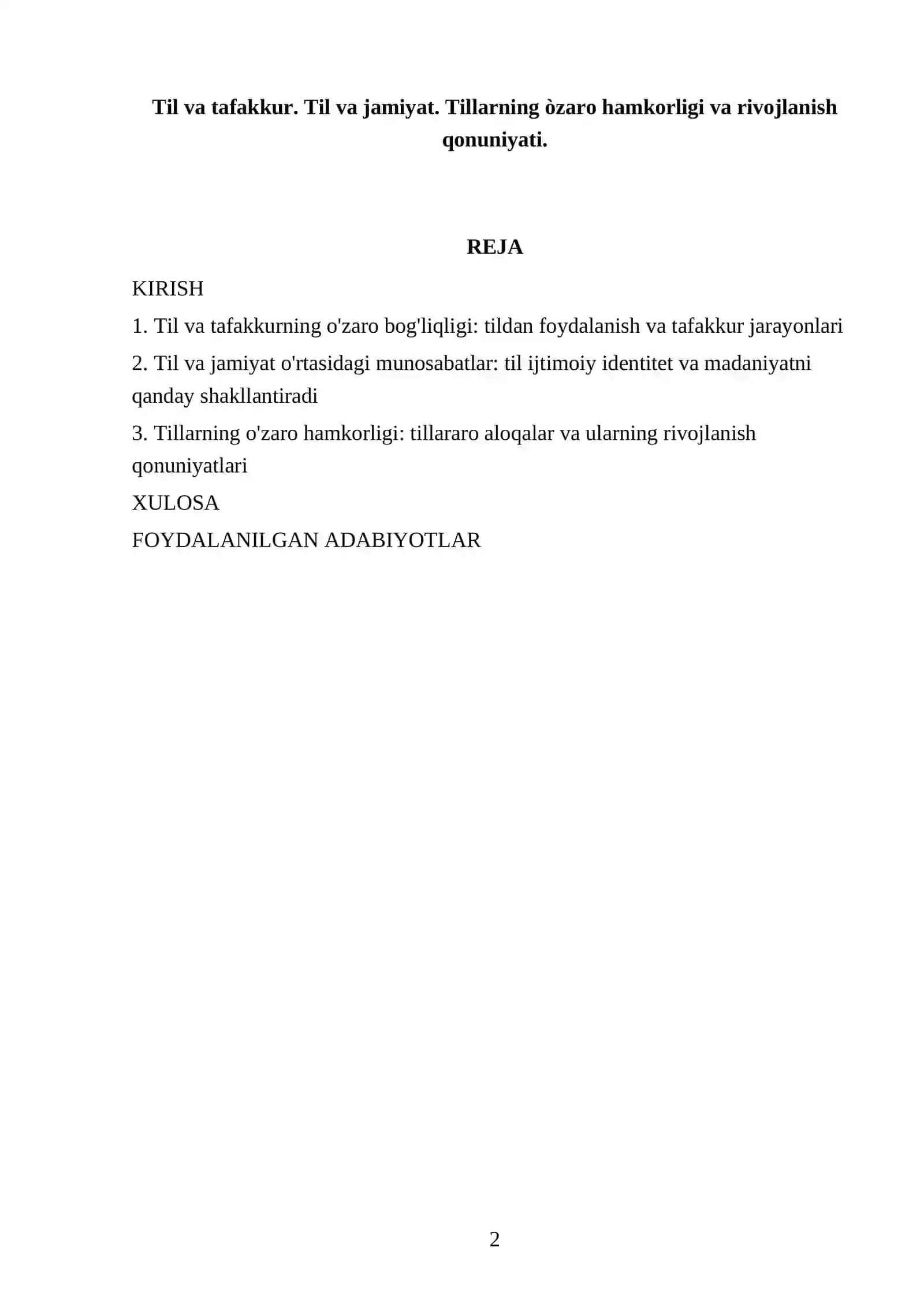 Til va tafakkur. Til va jamiyat. Tillarning òzaro hamkorligi va rivojlanish qonuniyati 2