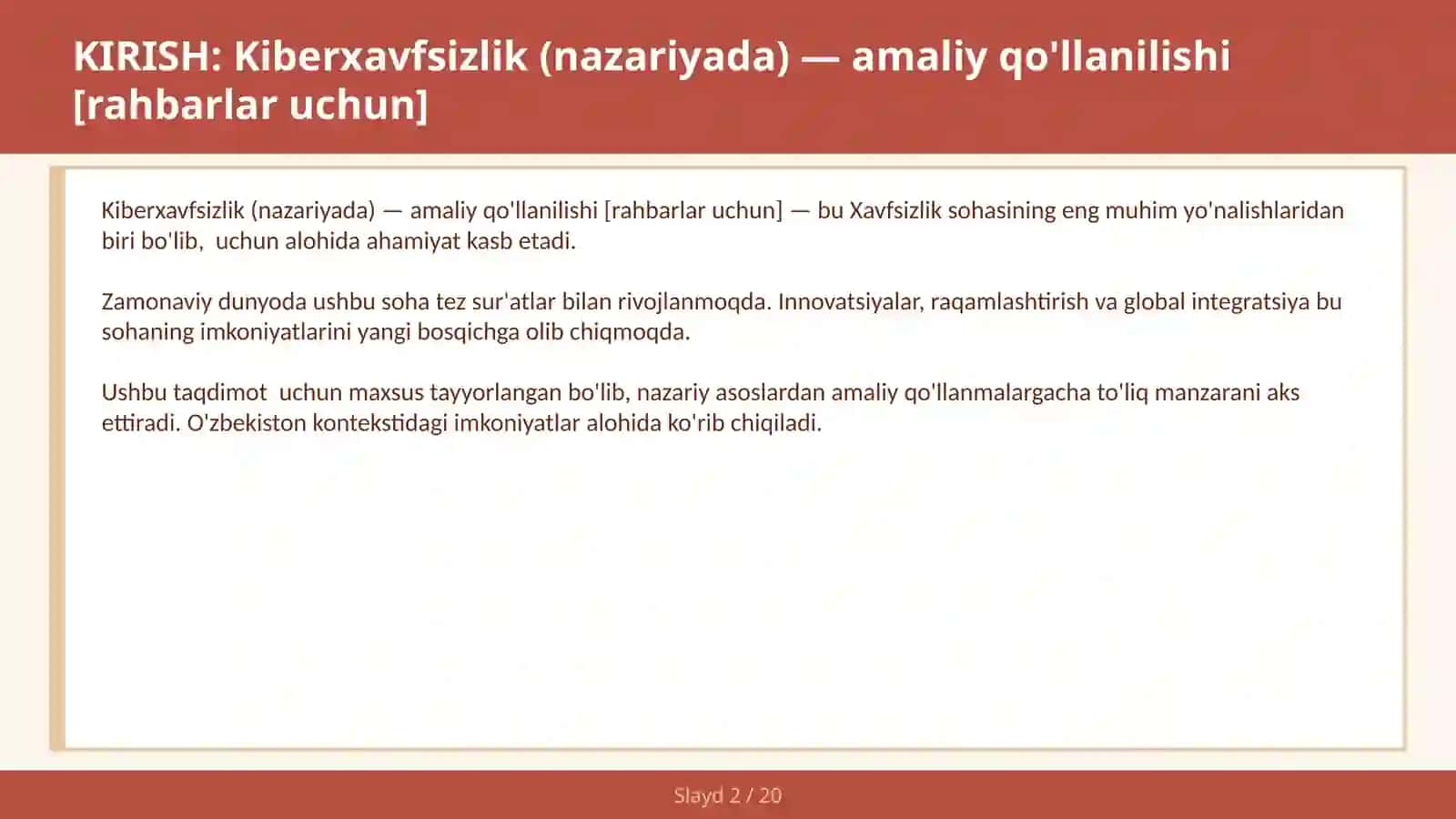KIBERXAVFSIZLIK (NAZARIYADA) — AMALIY QO'LLANILISHI [RAHBARLAR UCHUN] 2