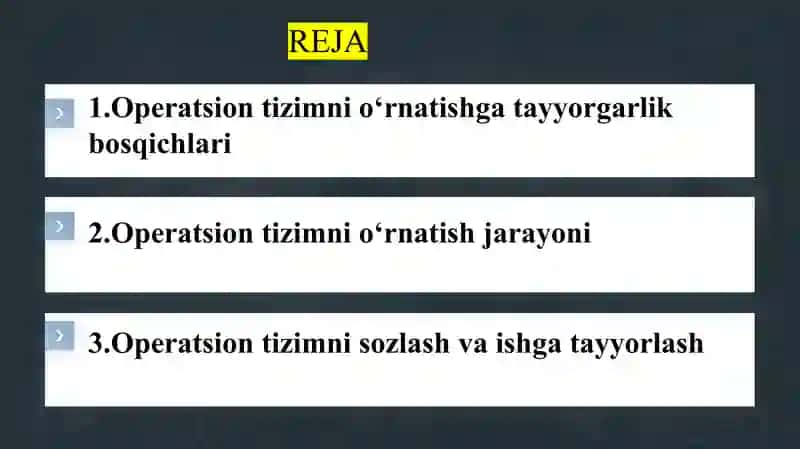 Operatsion tizimni o‘rnatish va sozlash bosqichlari                  Operatsion tizimni o‘rnatish va sozlash bosqichlari 2