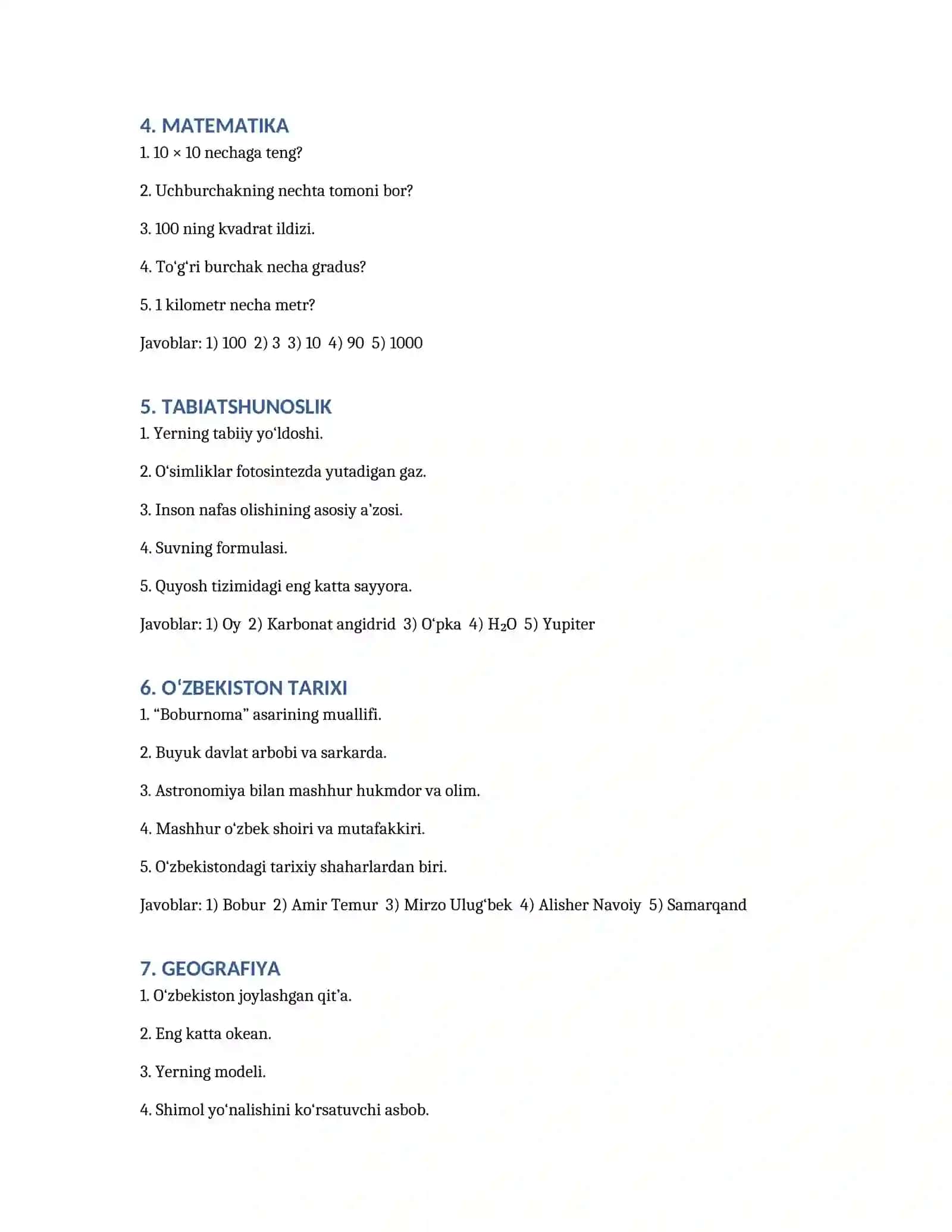 KROSSVORD VA VIKTORINALAR TO‘PLAMI 2