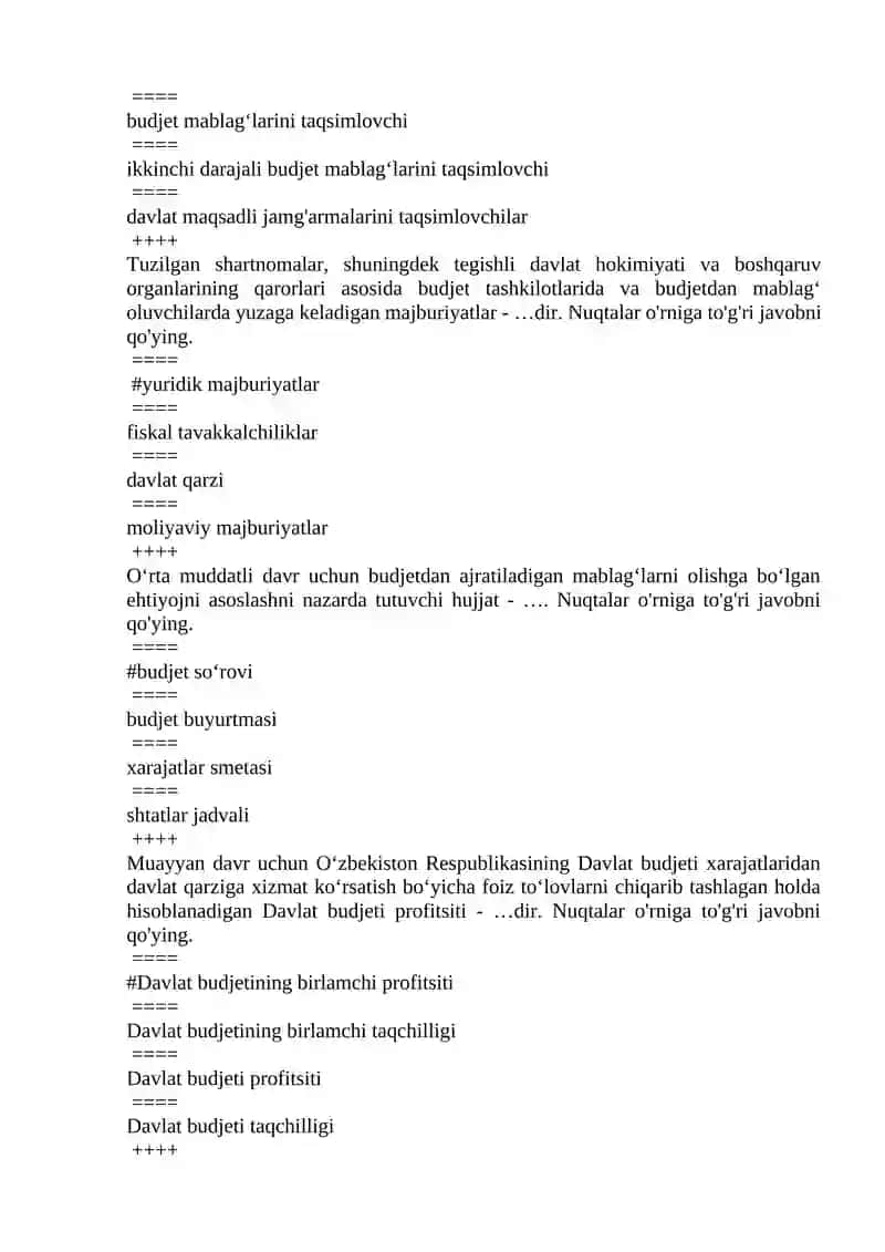 Byudjet nazorati va g'aznachiligi fanidan yakuniy test 2