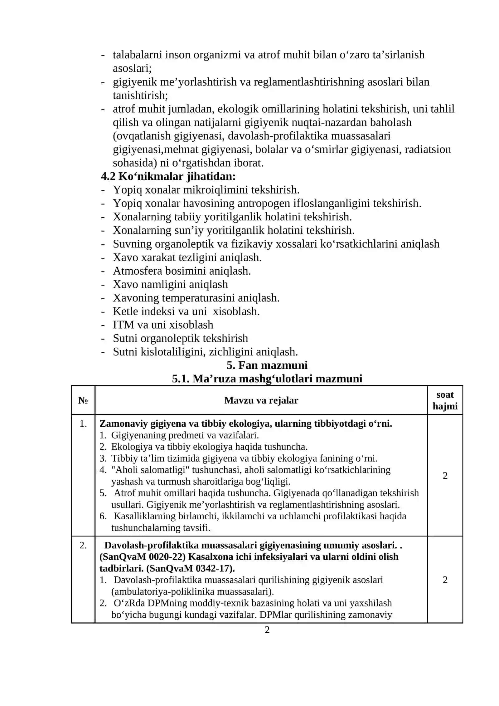 GIGIYENA, HARBIY GIGIYENA. TIBBIY EKOLOGIYA FANI BOʻYICHA SILLABUS 2