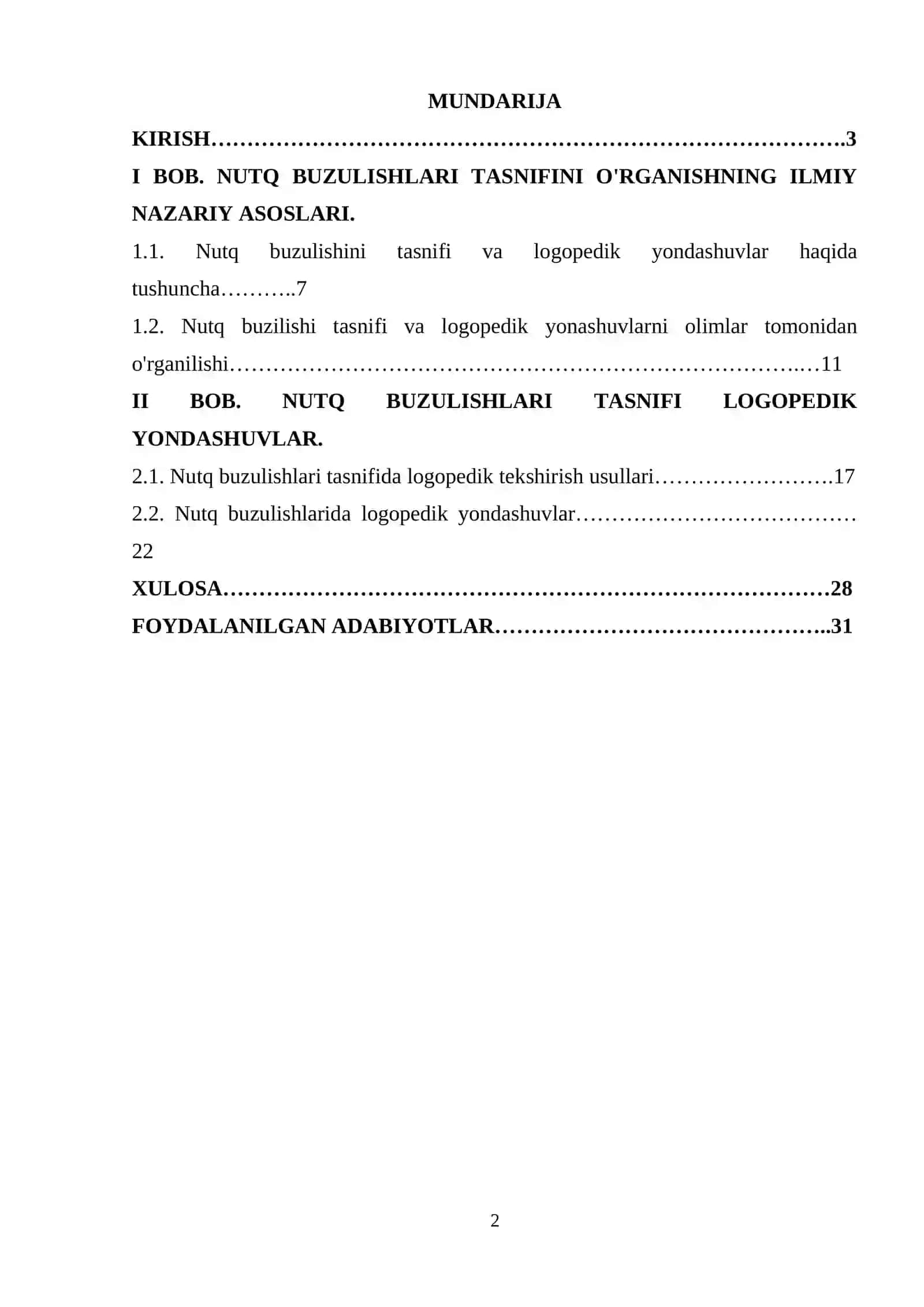 "Nutq Buzilishlari Tasnifi va Logopedik Yondashuvlar" Kurs Ishi 2